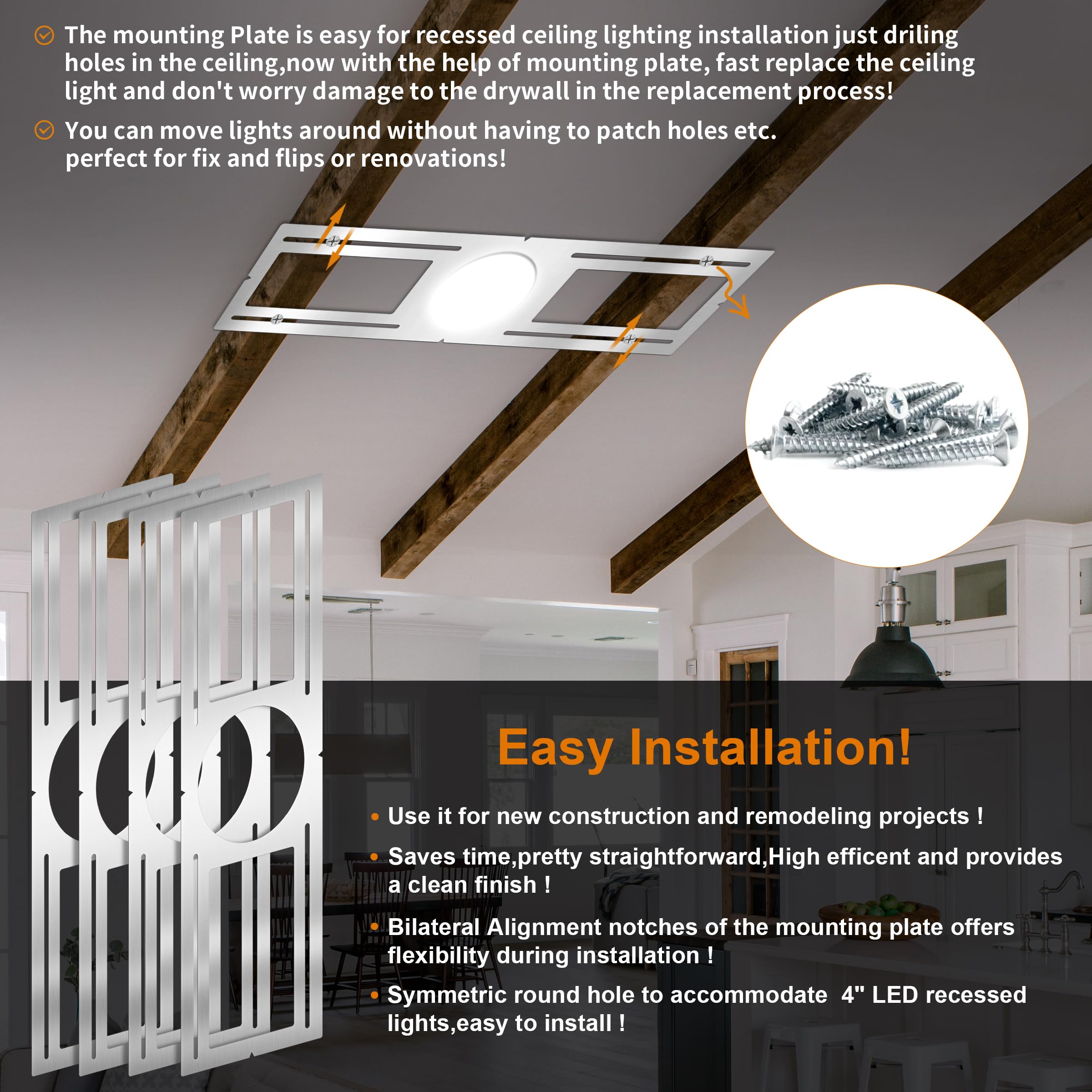 MULMART 4 Inch New Construction Mounting Plate, Flat Steel Bracket Fixture, 24 Pack, Silver for LED Recessed Lighting