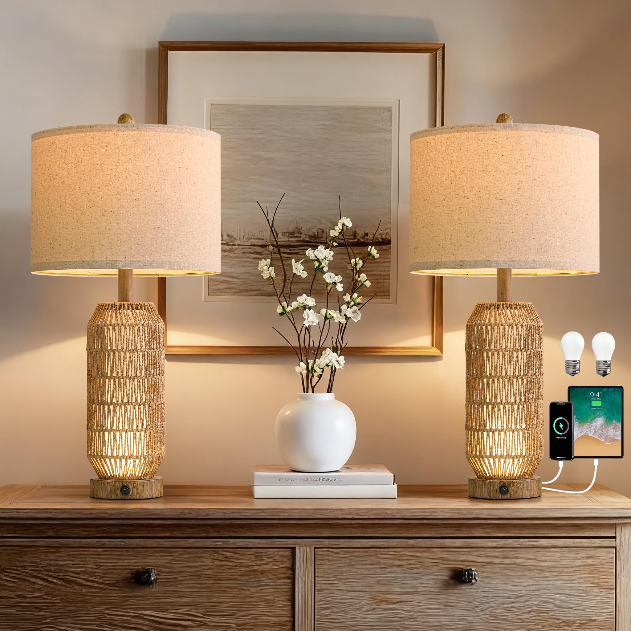 OYEARS 25 Table Lamps Set of 2 with Night Light Bedside Lamps for Bedroom Boho Lamps with USB C+A Charging Ports Farmhouse Table Lamp with Rattan Frosted Glass Linen Shade (Wood Grain Bulb Included)