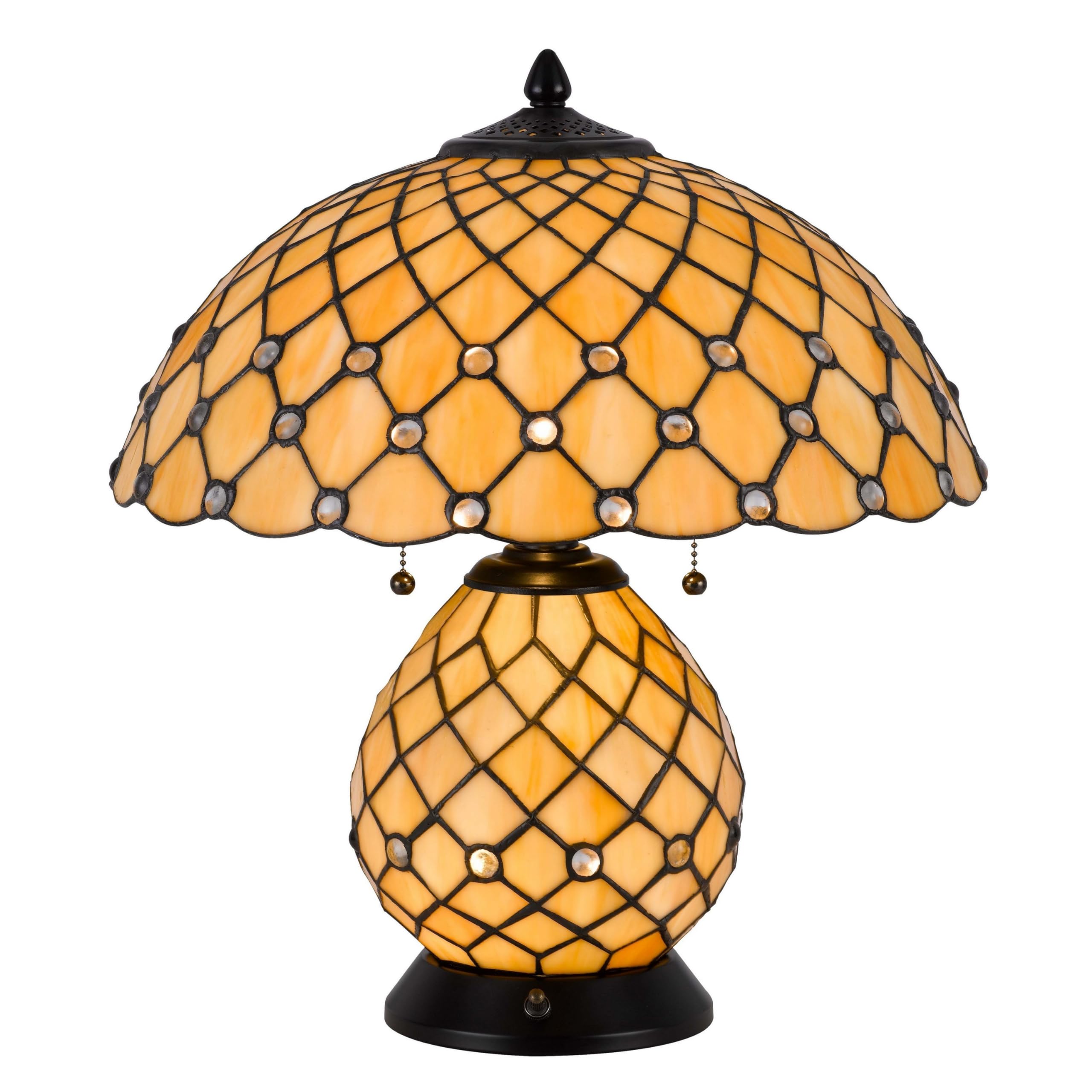 Benjara 18 Inch Table Lamp, Pedestal, Tiffany Style Stained Glass, LED, Metal, Black and Yellow