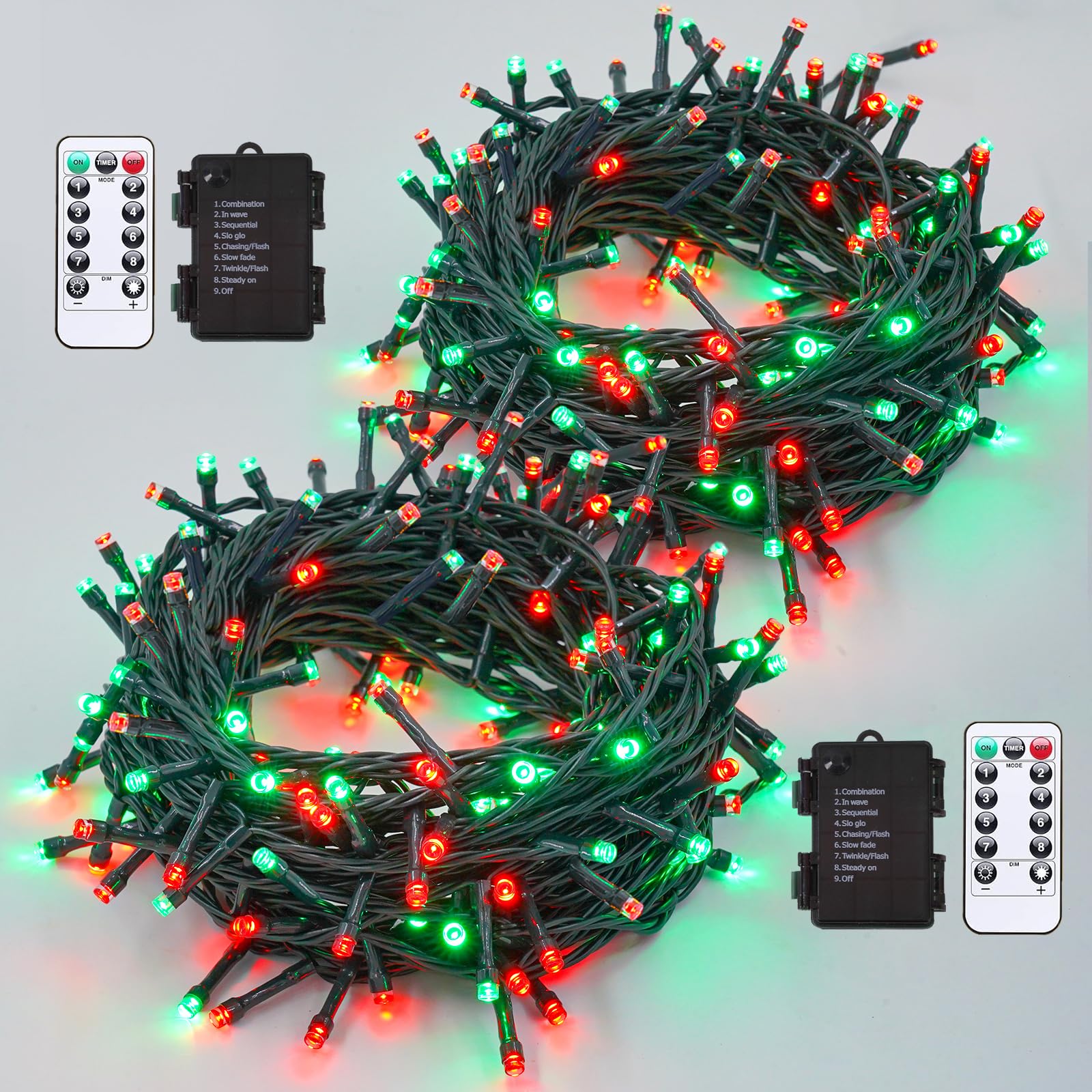 YEGUO Christmas Lights Battery Operated, 2 Pack Each 33ft 100 LED Red and Green String Lights Outdoor Waterproof, 8 Modes Green 