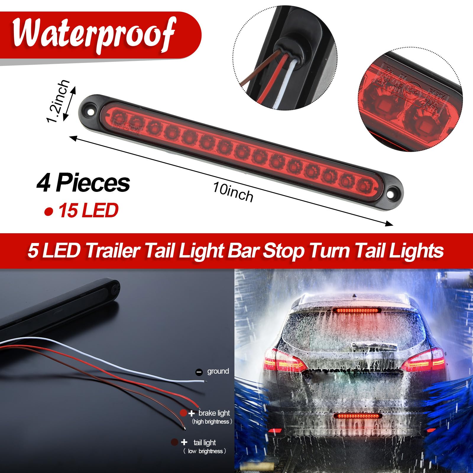 Frienda 4 Pieces 10 Inch 15 LED Tail Light Bar Trailer Light Stop LED Trailer Brake Waterproof Clearance Bar for Truck
