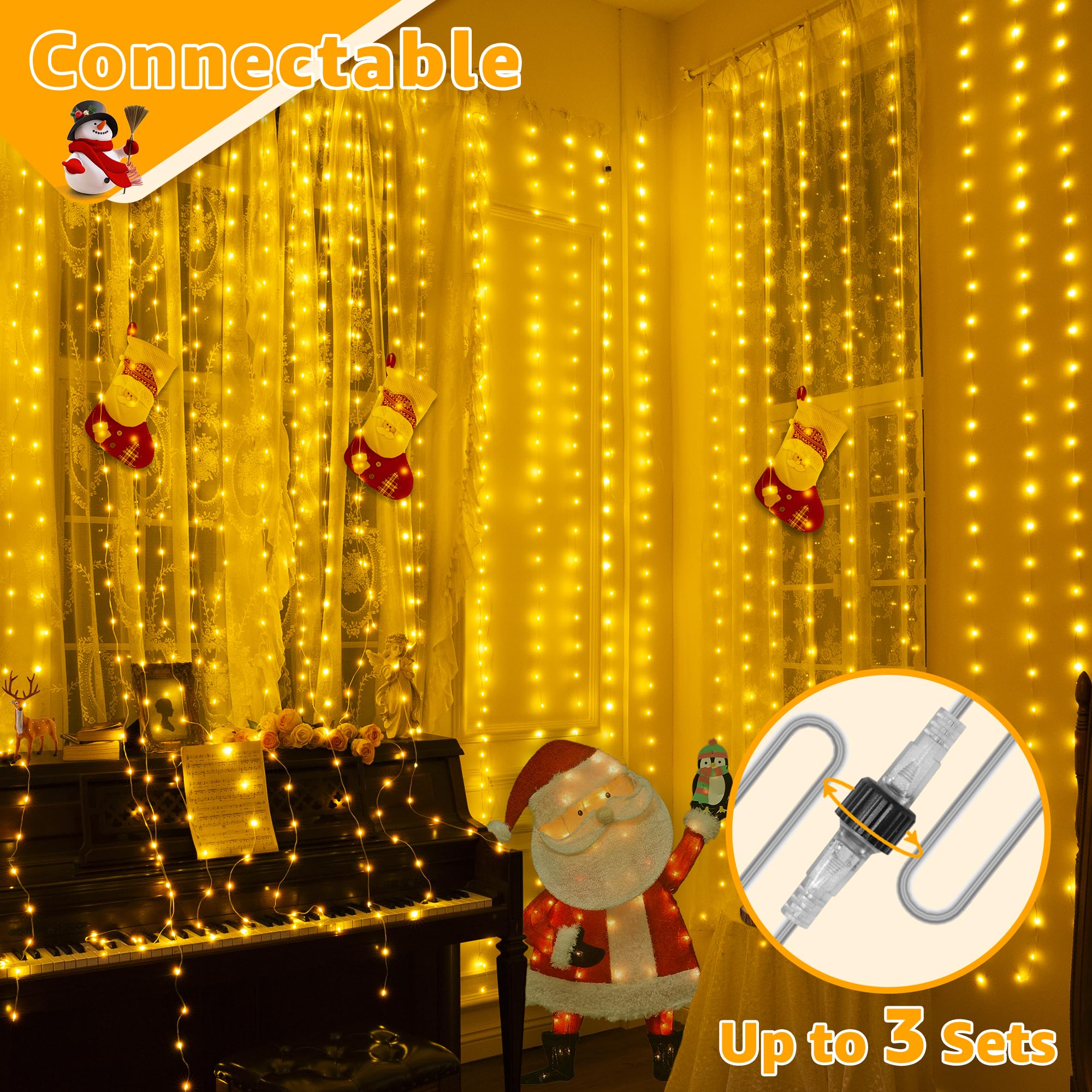 Ollny Curtain Lights 300Led 9.8Ftx9.8Ft, Connectable Ip67 Waterproof Outdoor Curtain String Lights With Remote, Plug-In Untangle Fairy Lights With 8 Modes 3 Timers For Wall Backdrop Decor(Warm White)