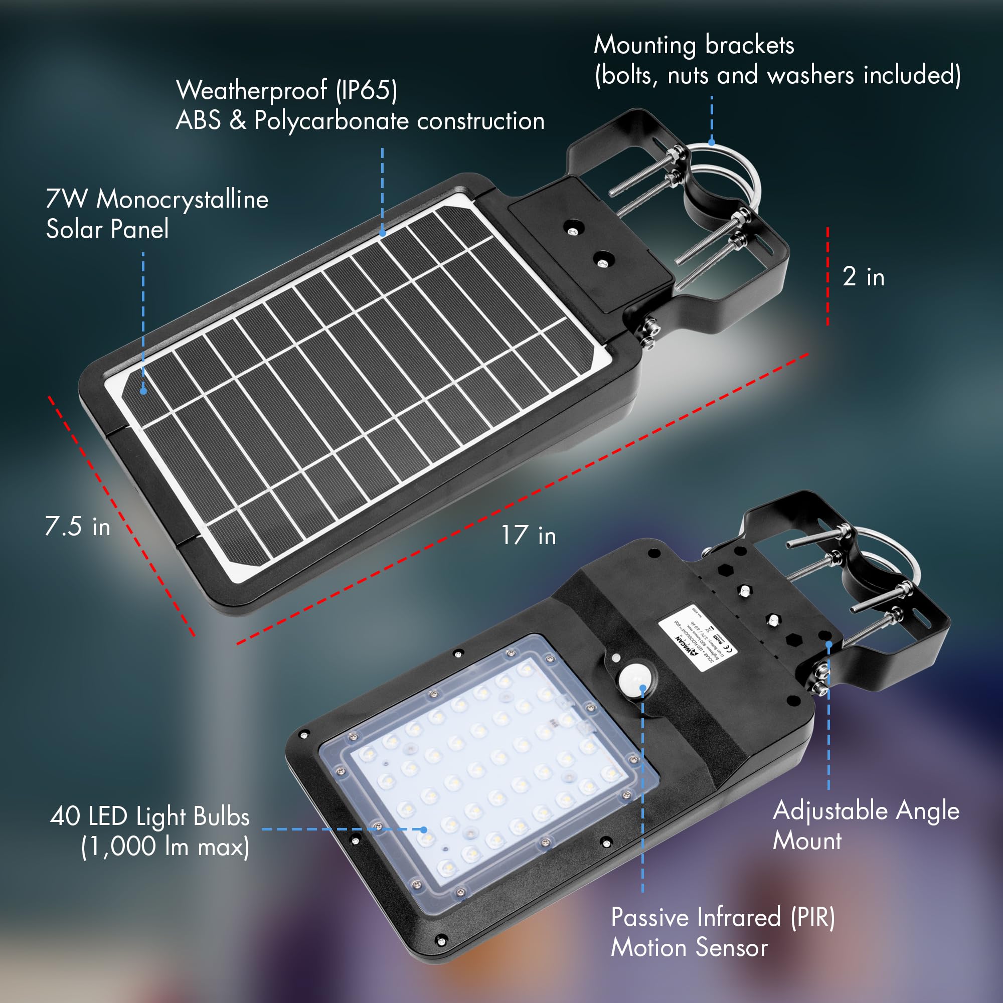 Wagan EL8588 Solar Street Lamp - 1000 Lumen LED Flood Light, Motion Sensor, Waterproof, 4 Pack, Black for Outdoor Use