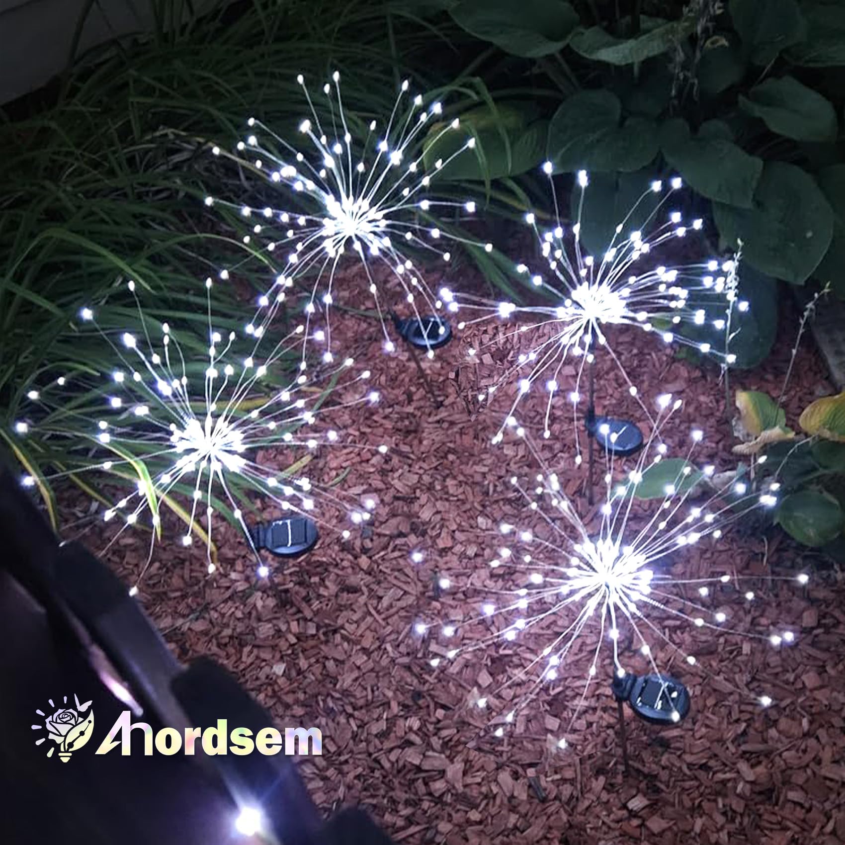 Anordsem Solar Garden Lights - 120 LED Copper Wire, Waterproof, 2 White Modes, 4 Pack, White, Model YHD00007