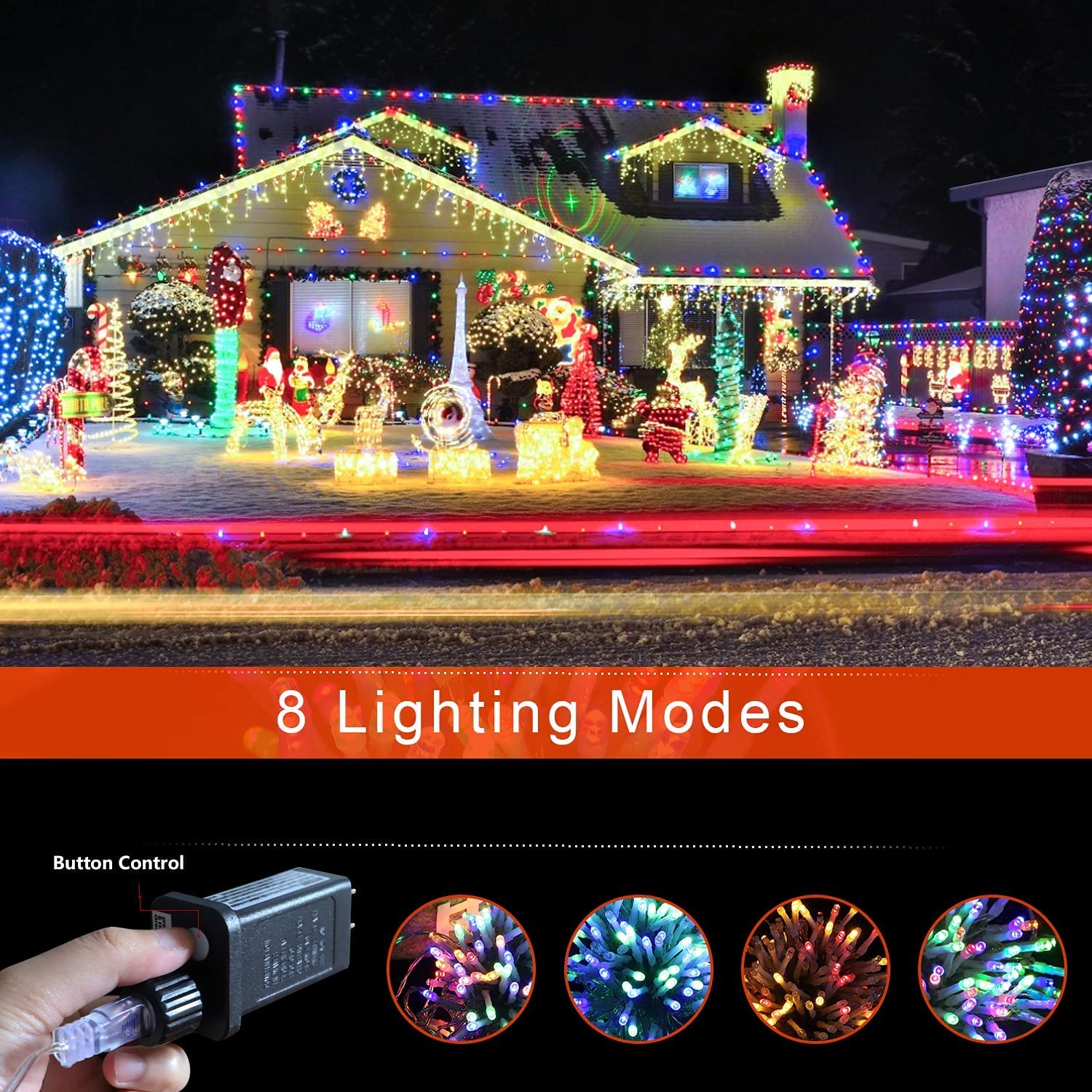 FUNIAO Christmas Decoration Lights, 320 LED Waterproof String Lights, Multicolor, Iron Star Topper, Model YLS1000WD01