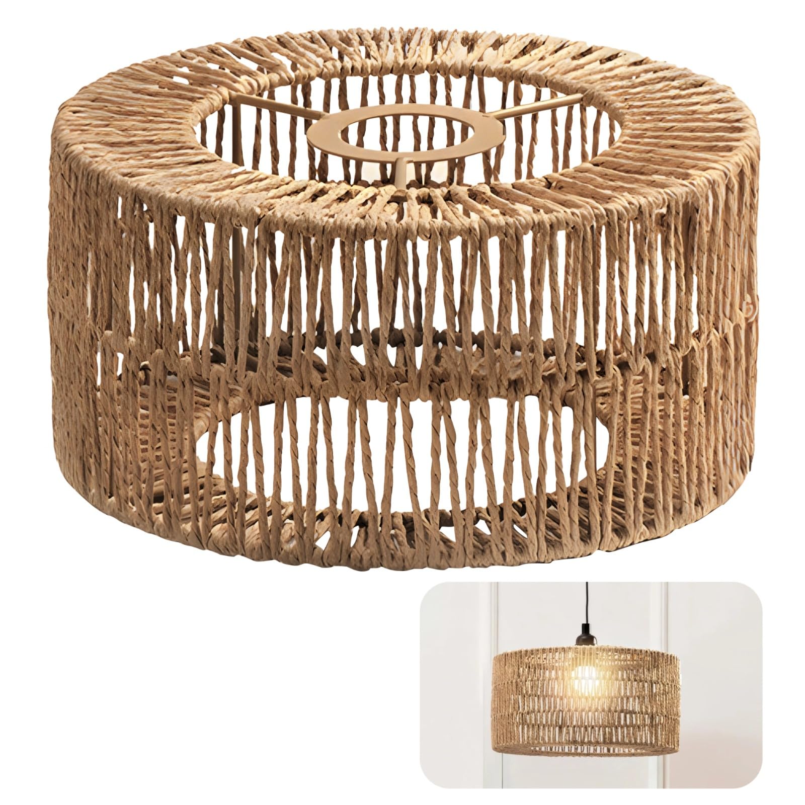 Rattan Lamp Shade,Small Bohemian Wicker Woven Rattan Cylinder Lampshade, Bamboo Paper Handwoven Lamp Cover for Living Rooms,Cafe
