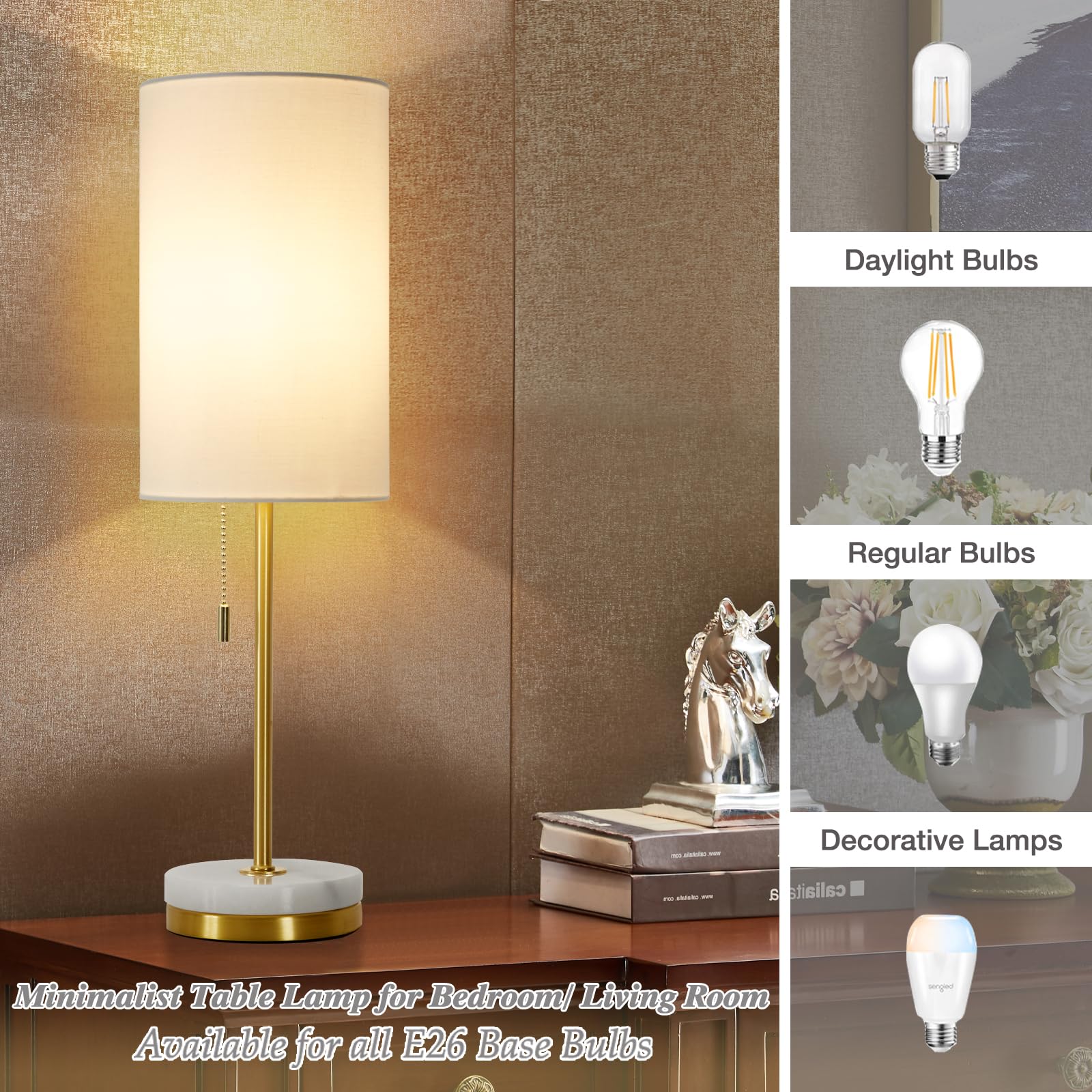Luvkczc Desk Lamp Set of 2 - Modern Small Table Lamps with Marble Base, Fabric Shade, Gold, 066 for Bedroom, Living Room, Office