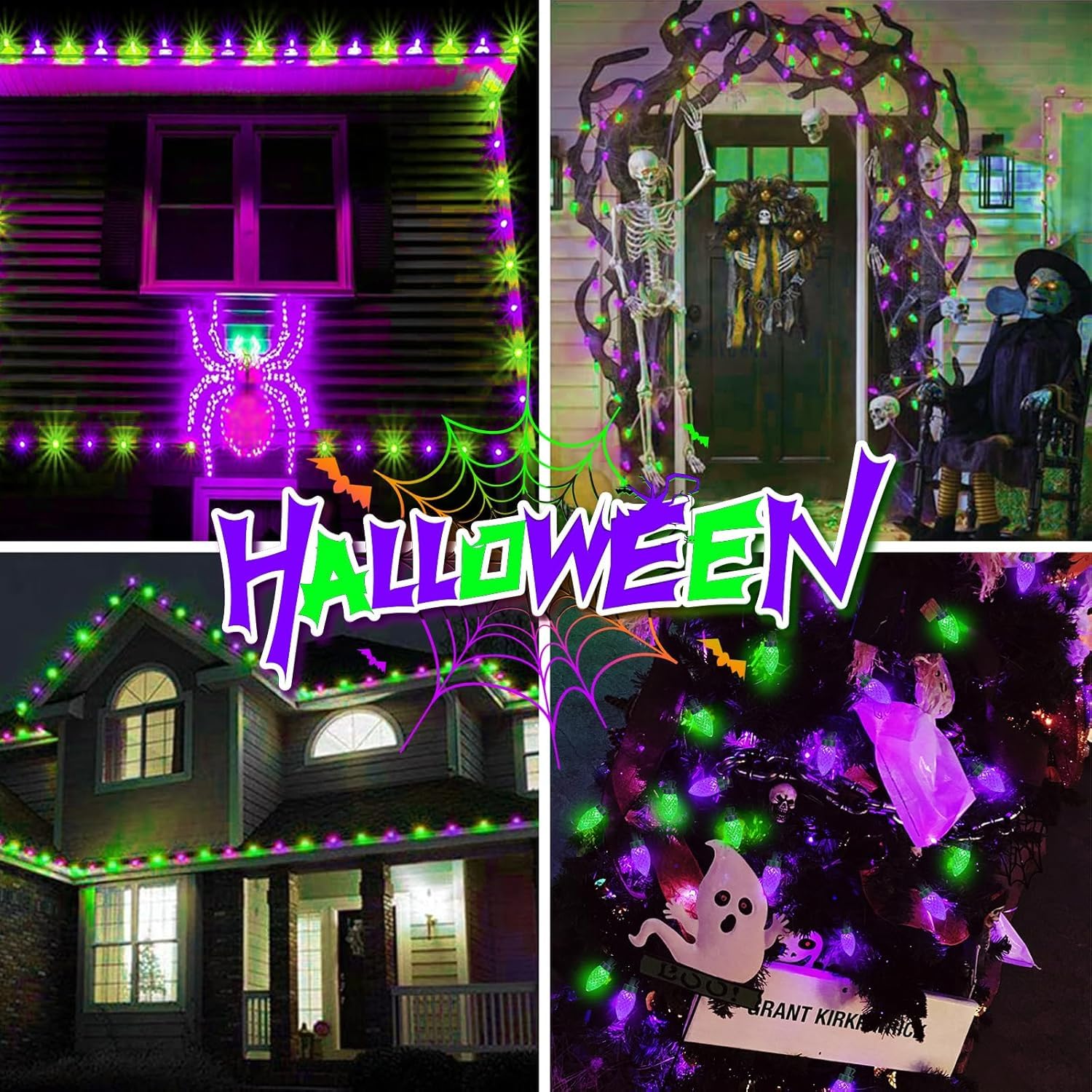 Kaq 2Pk 100Led Purple And Green C9 Halloween Lights Waterproof Indoor Outdoor  Extendable 98Ft String Lights Plug In With 13 Lighting Modes  Halloween Decorations For Party Patio  Outside Yard Decor