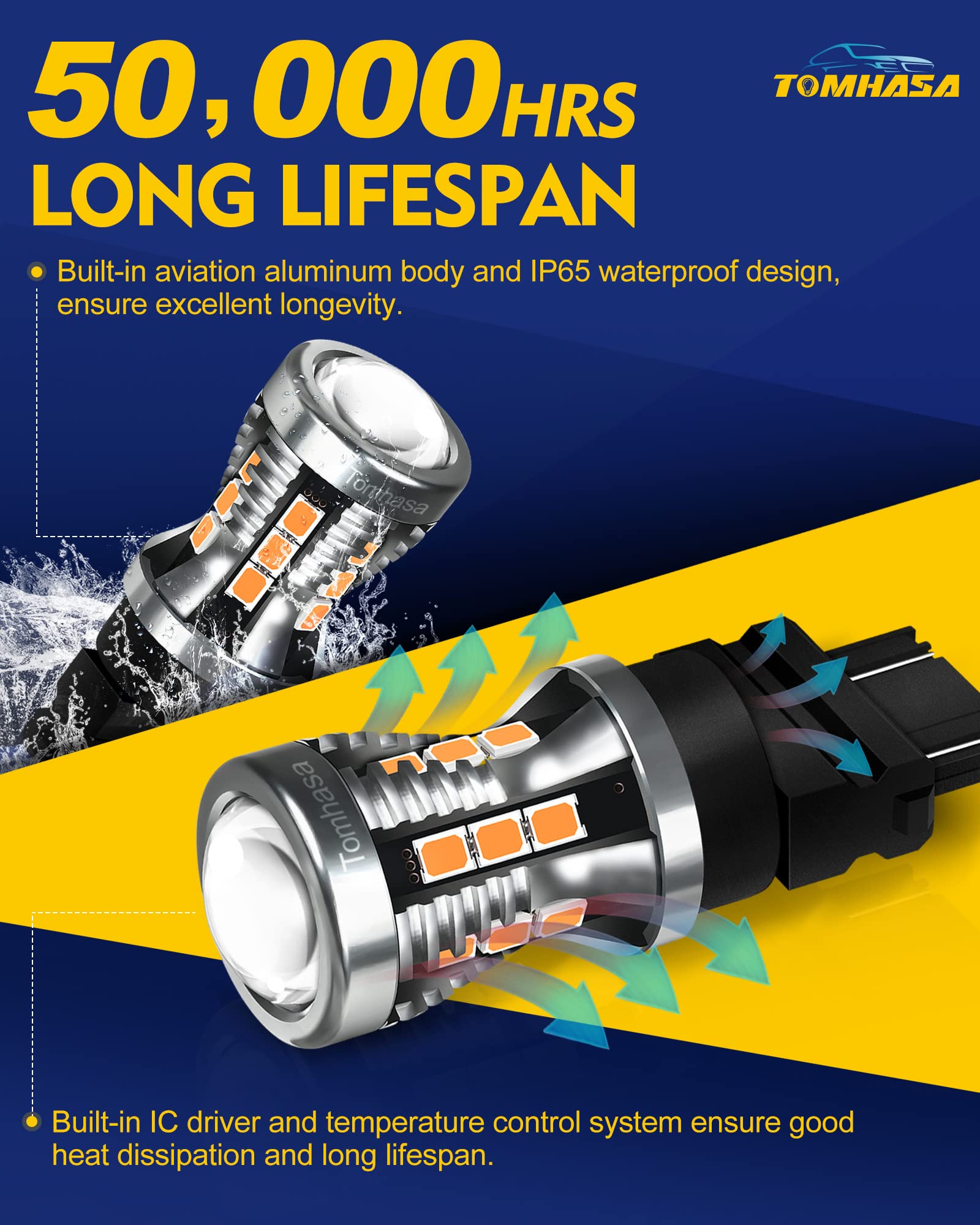 Tomhasa 3157 Led Bulbs For Turn Signal Light Bulbs, Amber Yellow 3056 3156 3057 4157 Led Replacement Bulbs For Front Rear Turn Signal Light Blinker Parking Side Marker Brake Lights, Pack Of 2