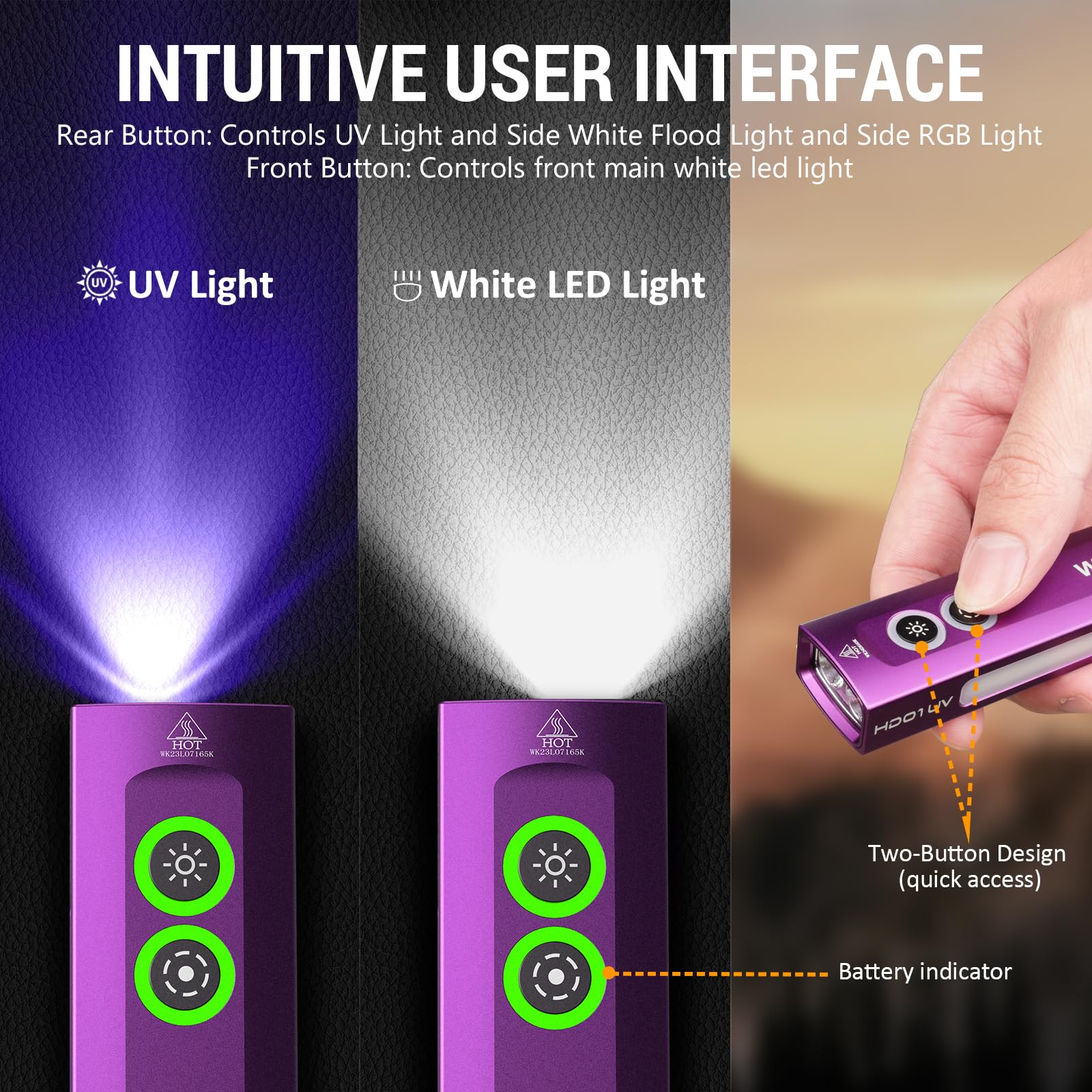 Wurkkos HD01 UV Flashlight, Rechargeable 1200 Lumens with 365nm UV Light, Small Pocket Size, Aluminum, Purple