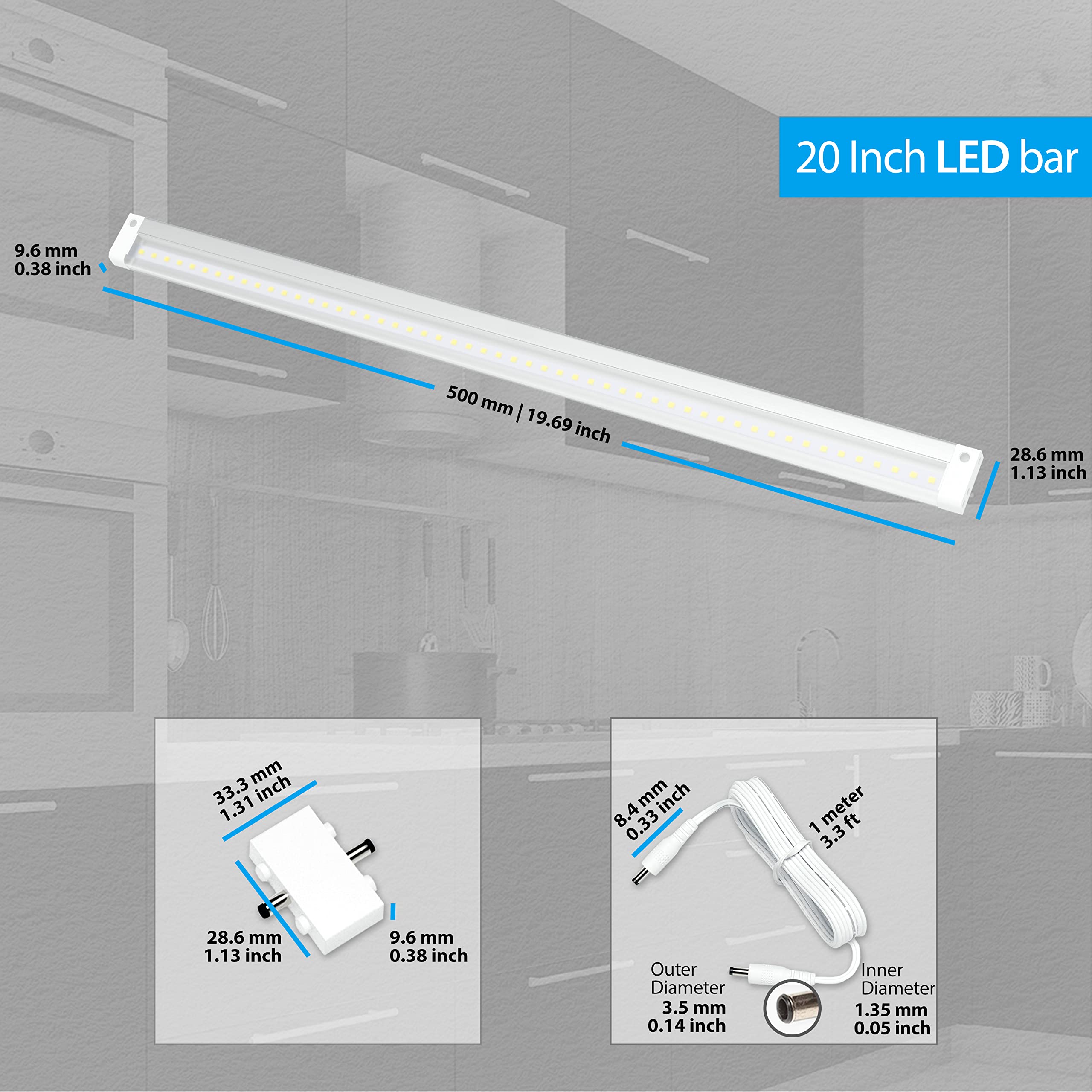 EShine LED Dimmable Under Cabinet Lighting Strip, 20 Inch, Warm White (3000K), Model ELW500PW, No Sensor, Accessories Included