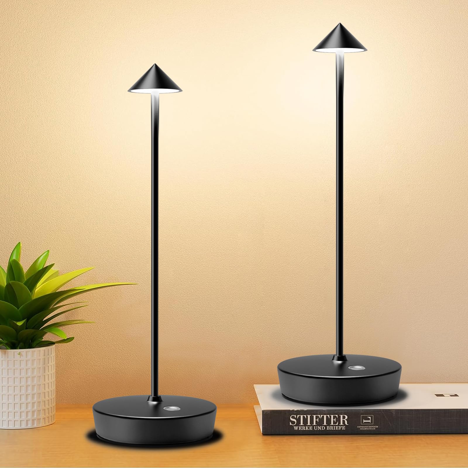 Tpczqj Set of 2 Cordless Table Lamps, 6000mAh LED, Touch 3 Color Dimming, 13inx4in, Black