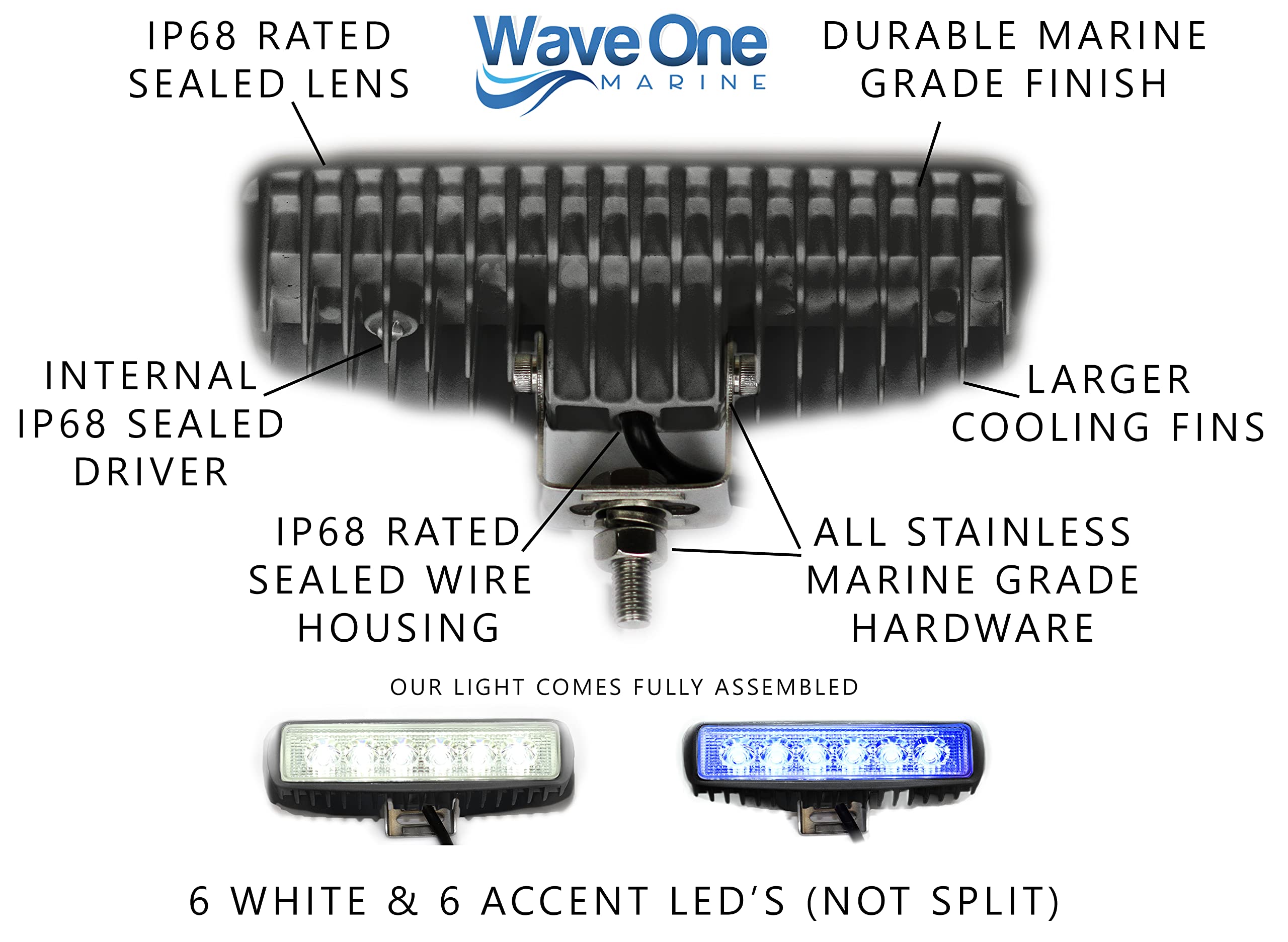 Wave One Marine LED Boat Spreader Light, Dual Color, IP68 Waterproof, Slim Profile, Model 101BlackHousing, Black Housing