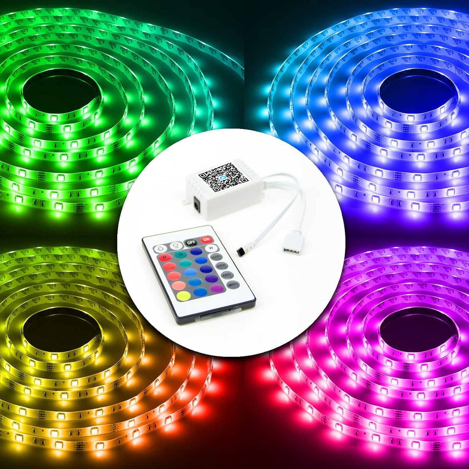 DAYBETTER RGB LED Light Strips with Bluetooth Remote Control, 24-Key, 2 Ports, Model DBL0362CNOV, DC 12V, Dimmable