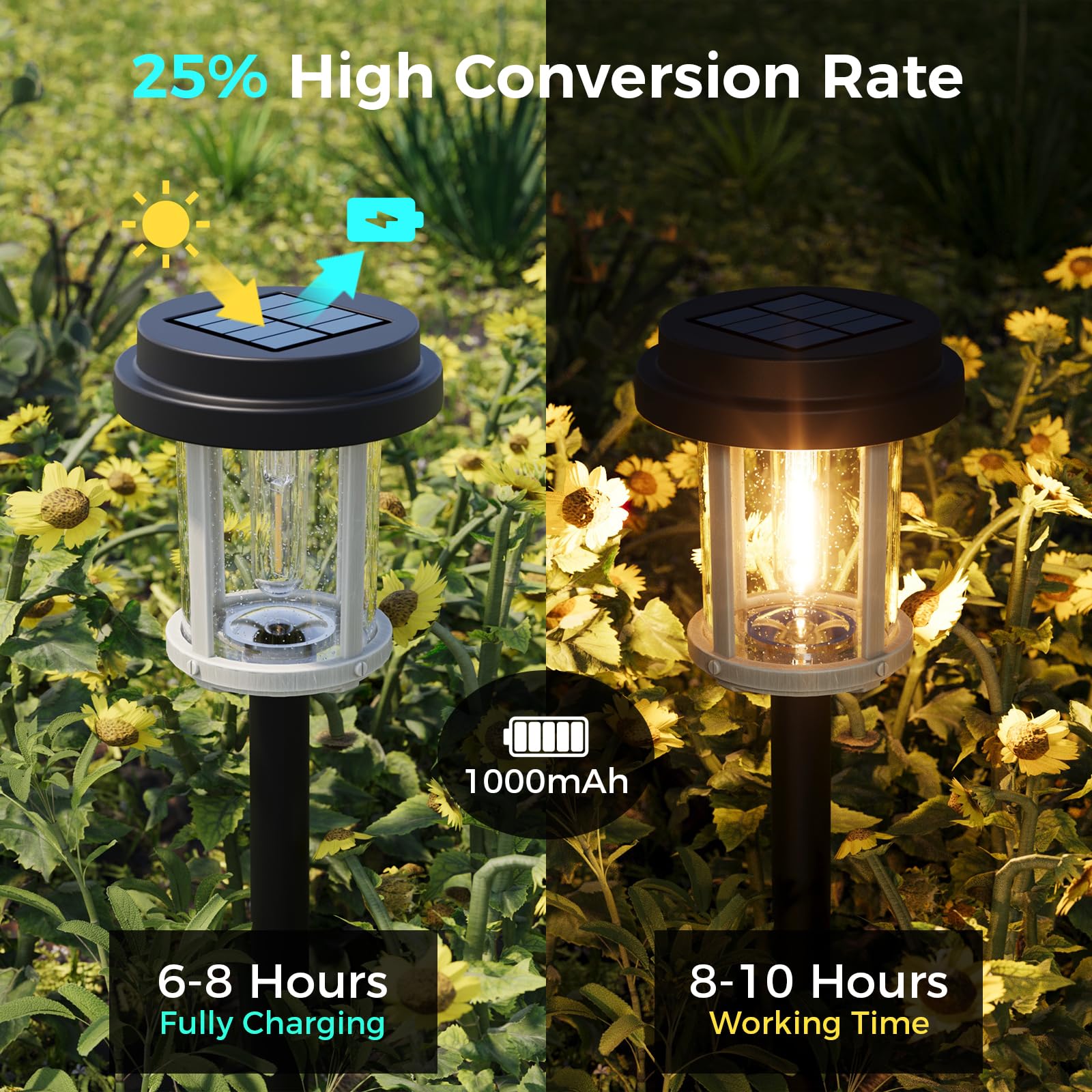 XMCOSY+ Solar Outdoor Lights, 20 LM LED, Waterproof IP65, 6 Pack, Black & Grey Metal Seeded Glass for Yard Patio Driveway
