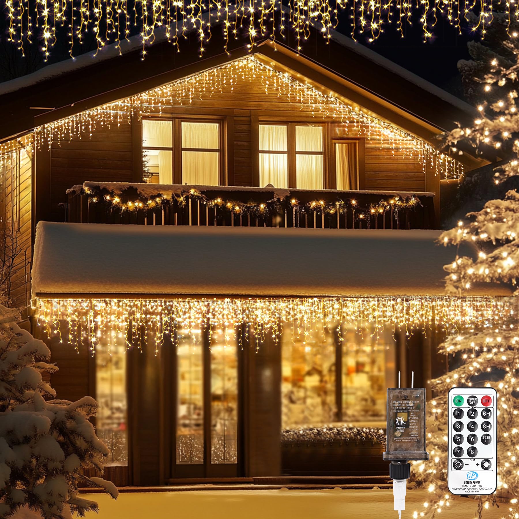 Icicle LED Christmas Lights Outdoor, 520 LED 49.2FT 8 Modes with 80 Drops Warm White Icicle Lights,Remote Control Outdoor Indoor