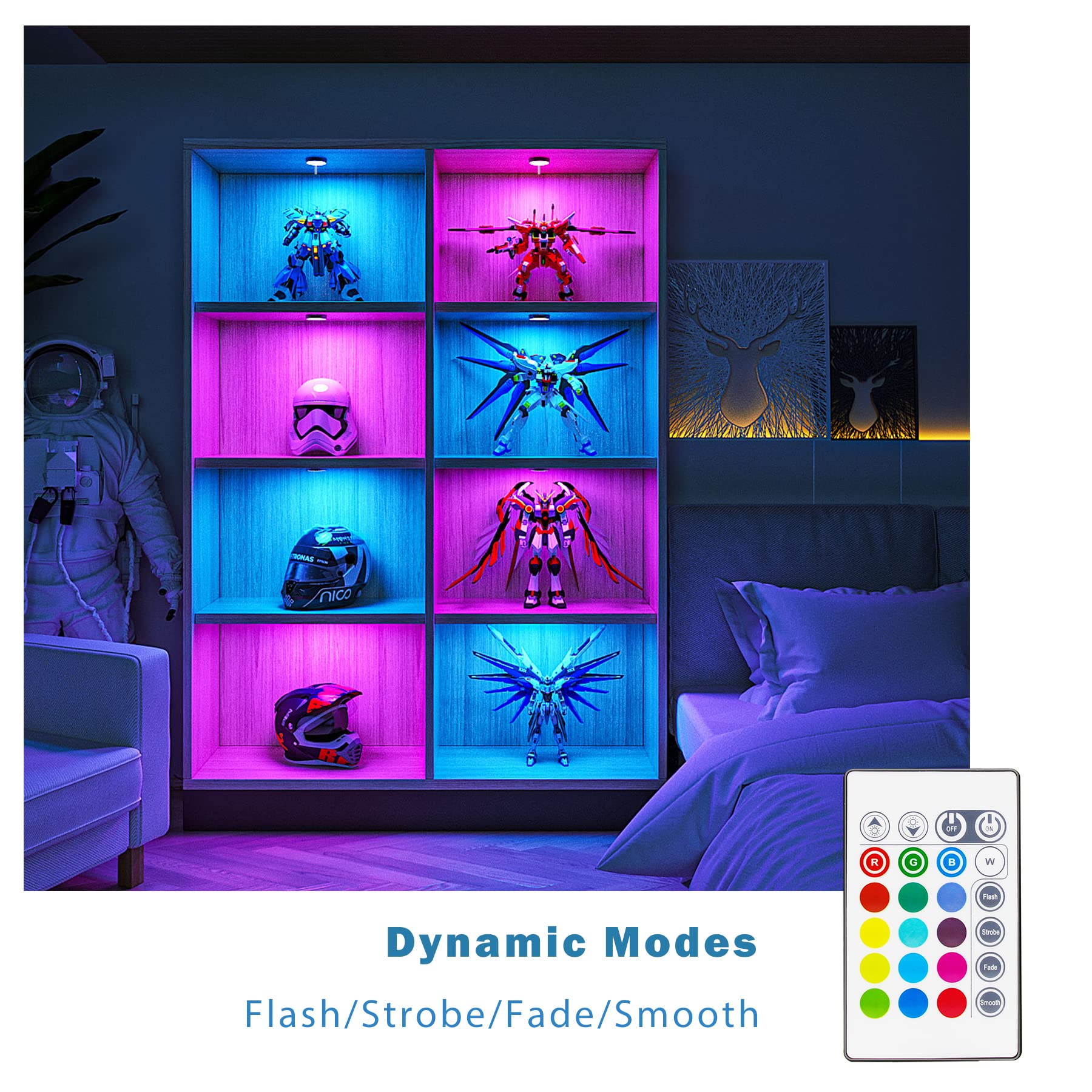 MYPLUS Under Cabinet RGB Puck Lighting Kit, 4 Remote Control Lights, 12V, Polycarbonate, Model MYPLUSCS102US01