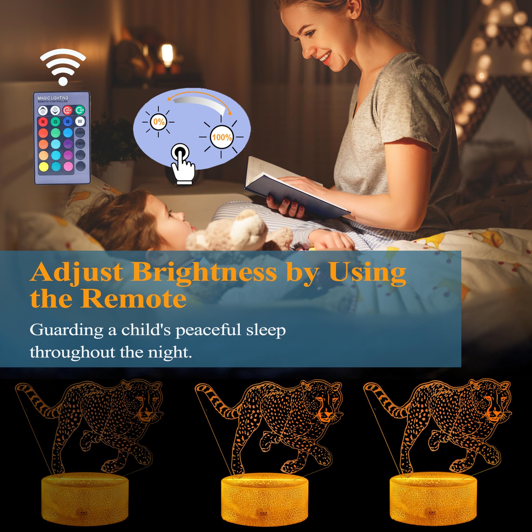POSSHE 3D Cheetah Night Light Lamp - 16 Color Modes, Remote Control, Dimmable - Kids Room Decor - Model MY-3D LAMP-CRACK, Style