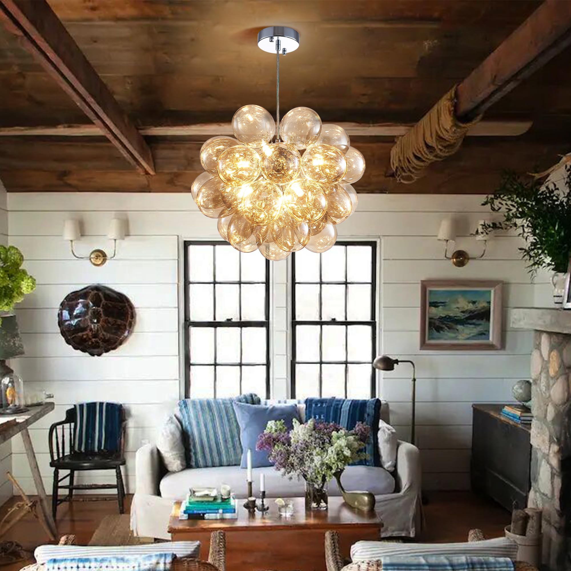 Longree Champagne Bubble Ball Chandelier, Dia 20 Inch Blown Glass Small Ballon Glass Pendant Light Fixture For Bedroom Study Bat