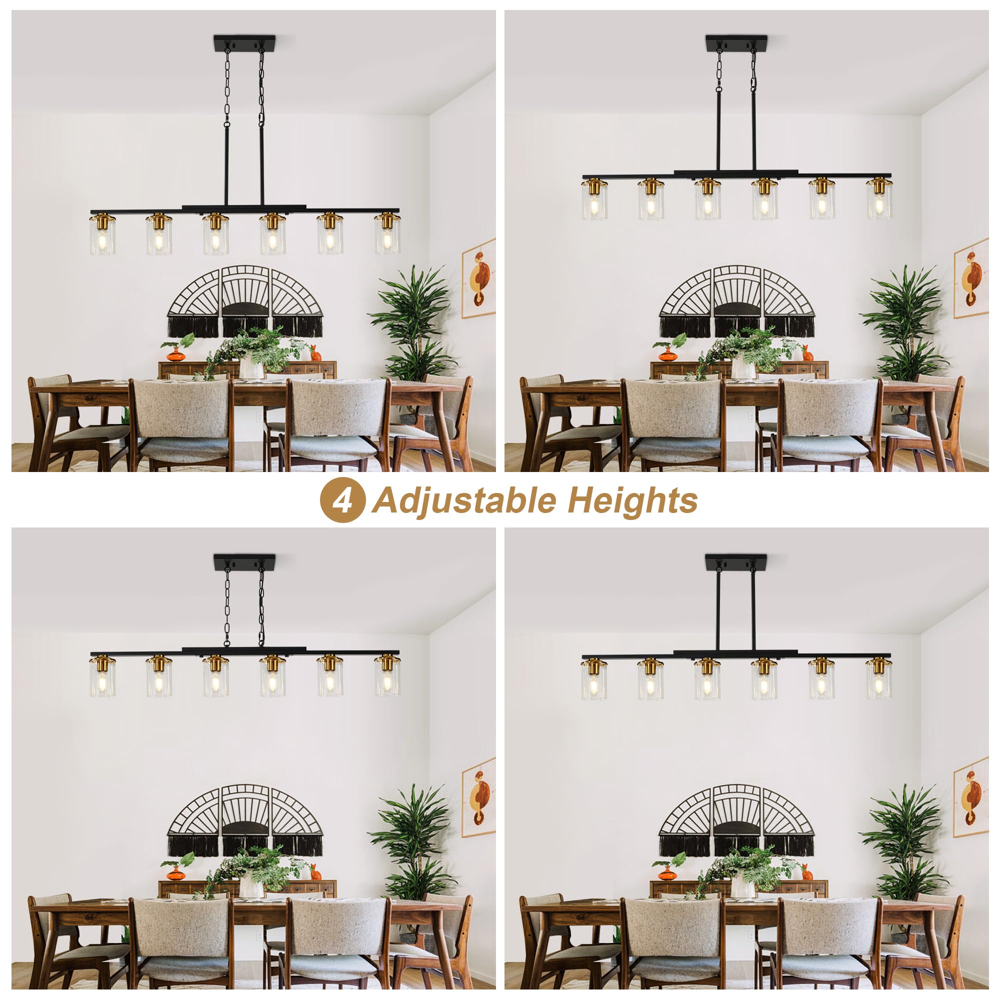 XvmBvm 6-Light Kitchen Island Chandelier, Modern Rustic Black and Gold, Clear Glass Shade, Model X3002-6