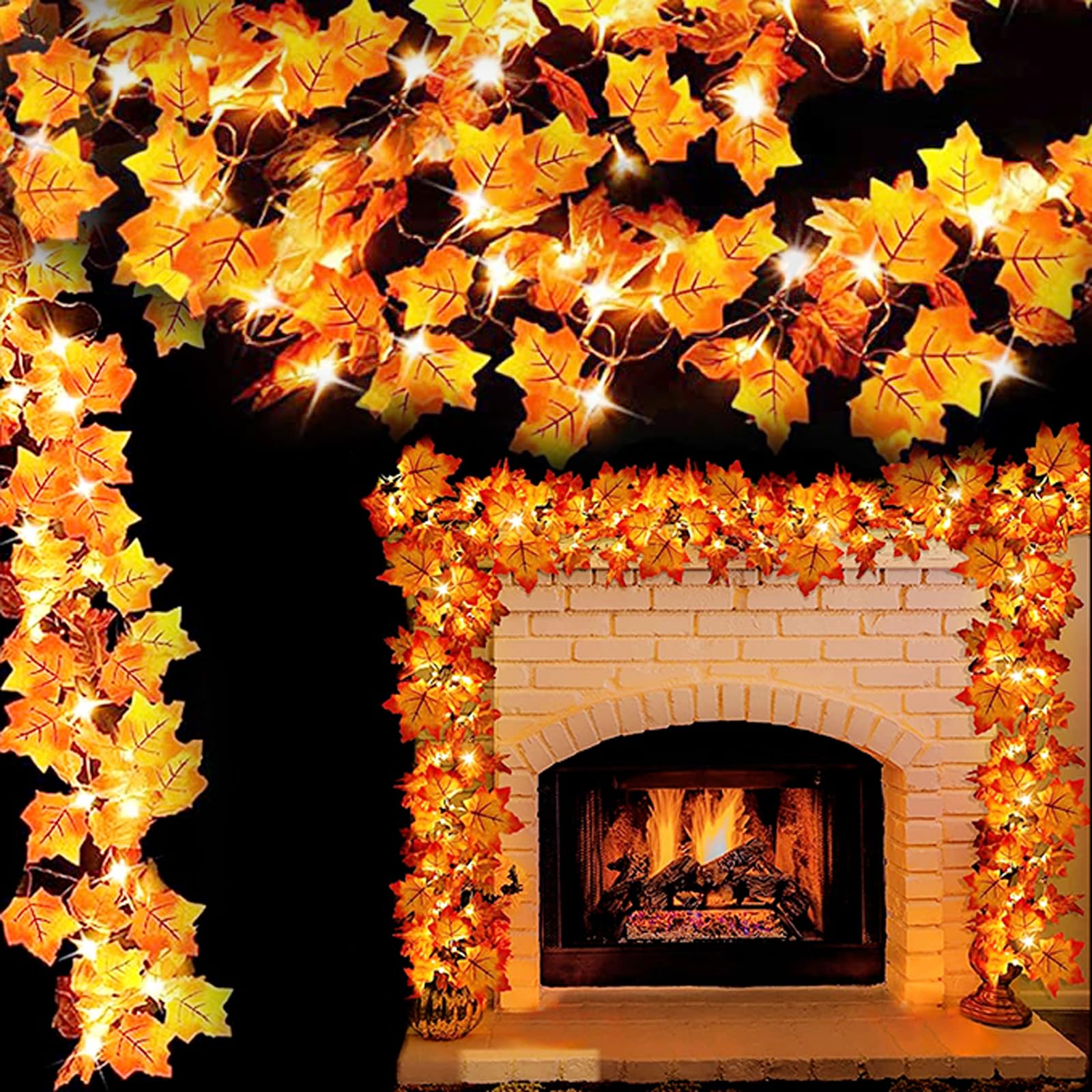 2 Pack Thanksgiving Decorations for Home Lighted Garland, Total 16.4Ft 50LED Fall Halloween Maple Leaves String Lights Battery O
