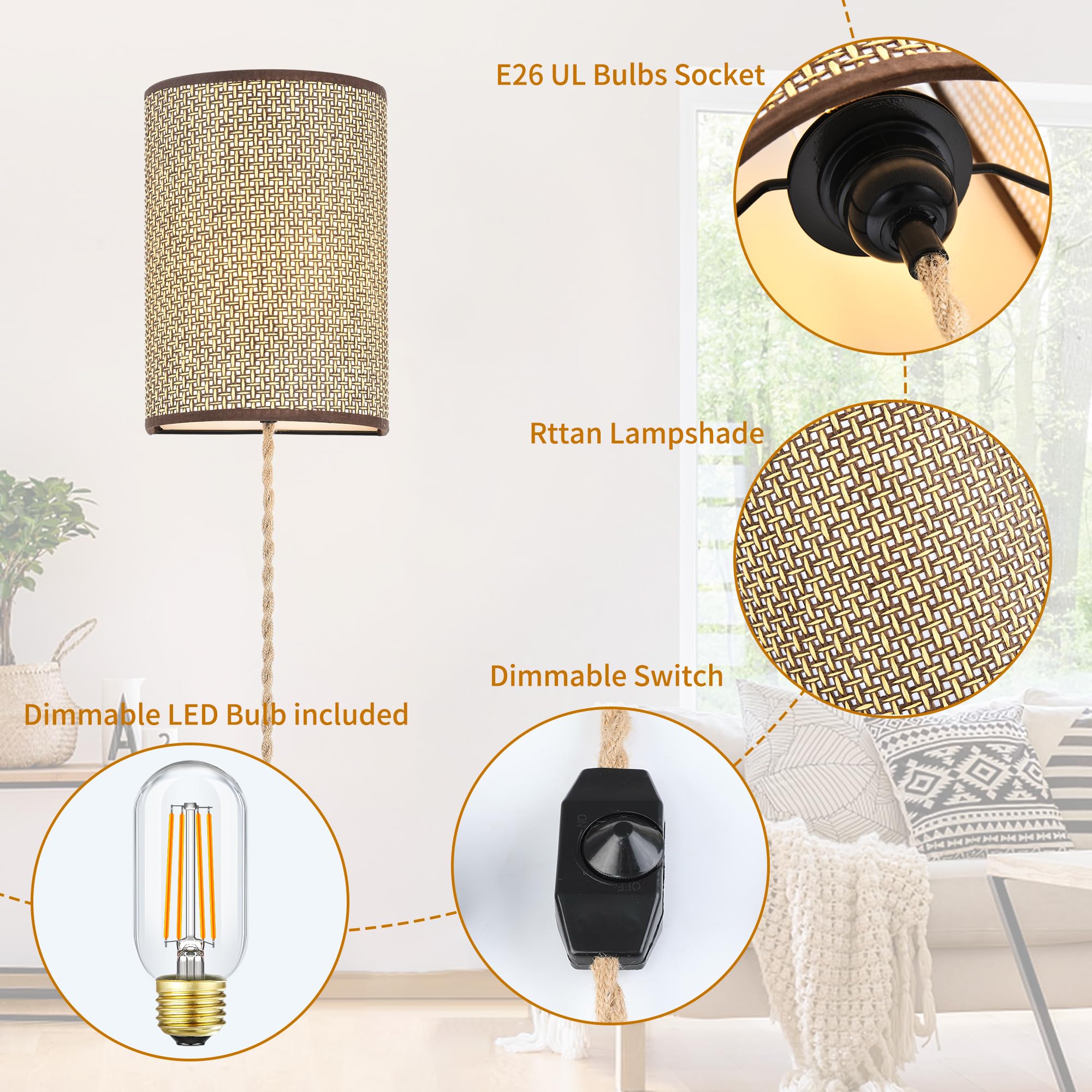 Xininsun Plug In Wall Sconce,Wall Sconces Set Of Two,Wall Lamp With Plug In Cord,Wall Sconce Lighting Dimmable Switch,Rattan Wal