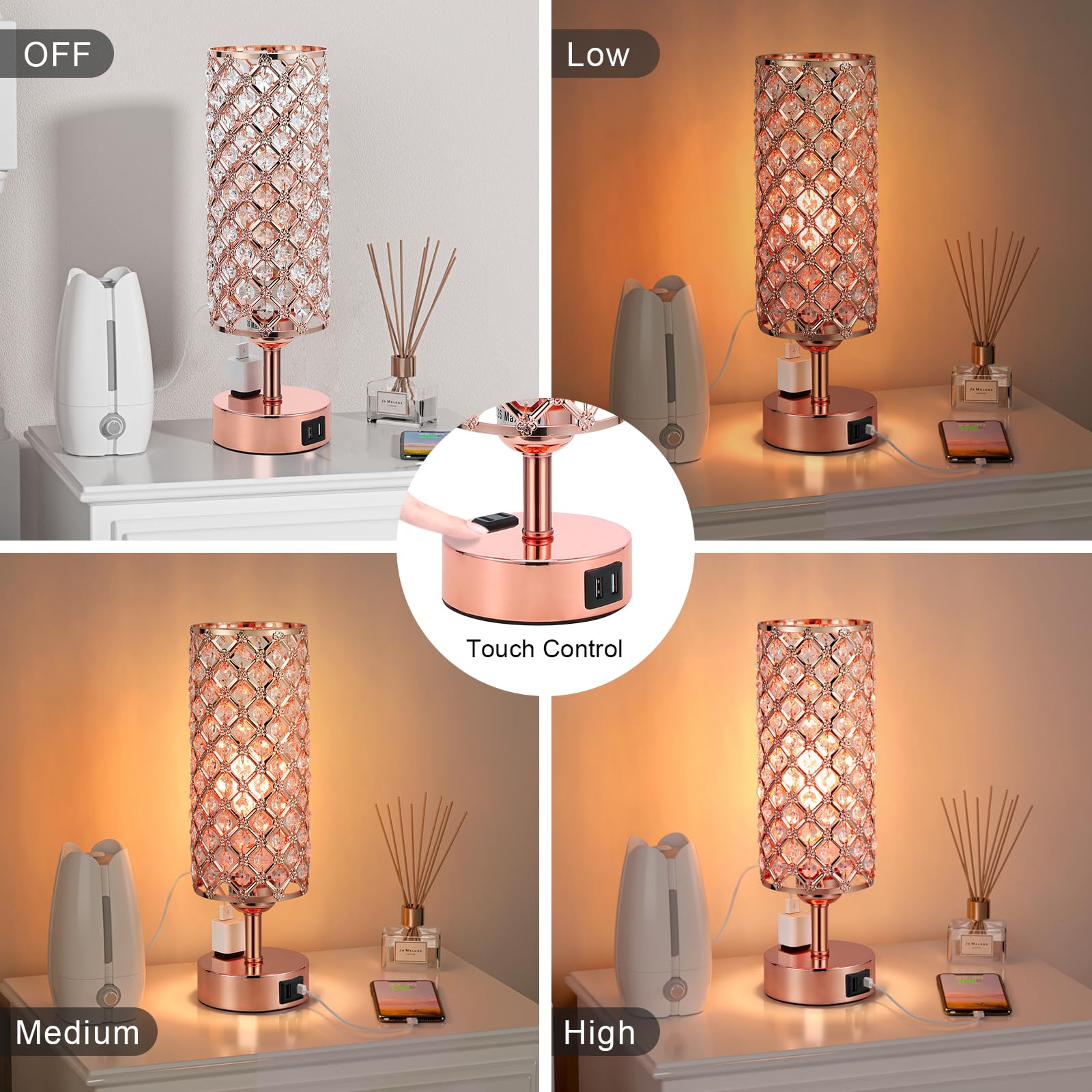 Hong-In Crystal Table Lamp, Rose Gold Bedroom Lamp With Usb C+A Ports & Ac Outlet, 3 Way Dimmable Light With Crystal Lampshade,