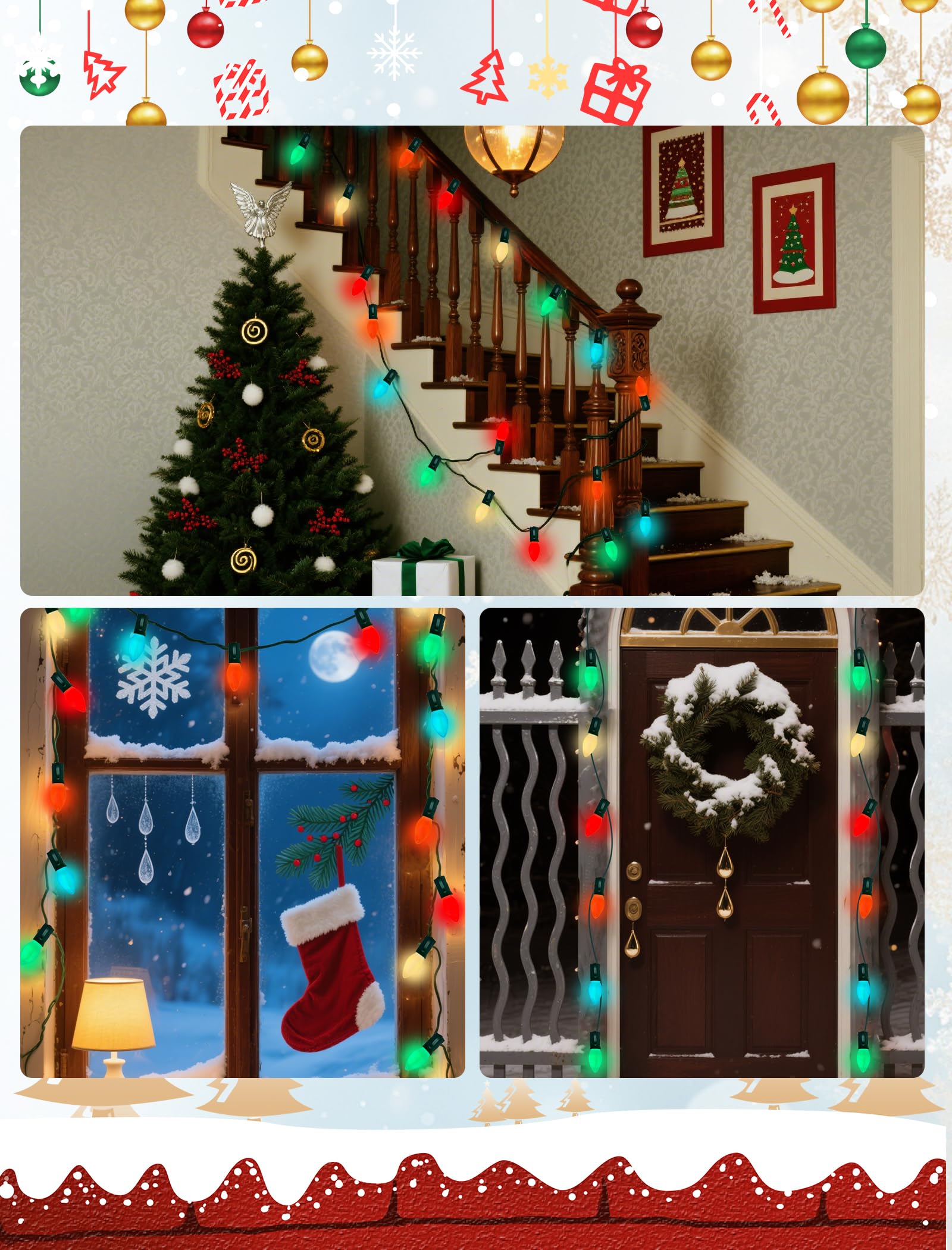 C7 Led Colorful Christmas Lights Outdoor  25Ft Christmas Decorations String Lights With 27 Led C7 Ceramic Multicolor Bulbs  Hanging Vintage Christmas Lights For House Roofline Tree Patio Yard Party
