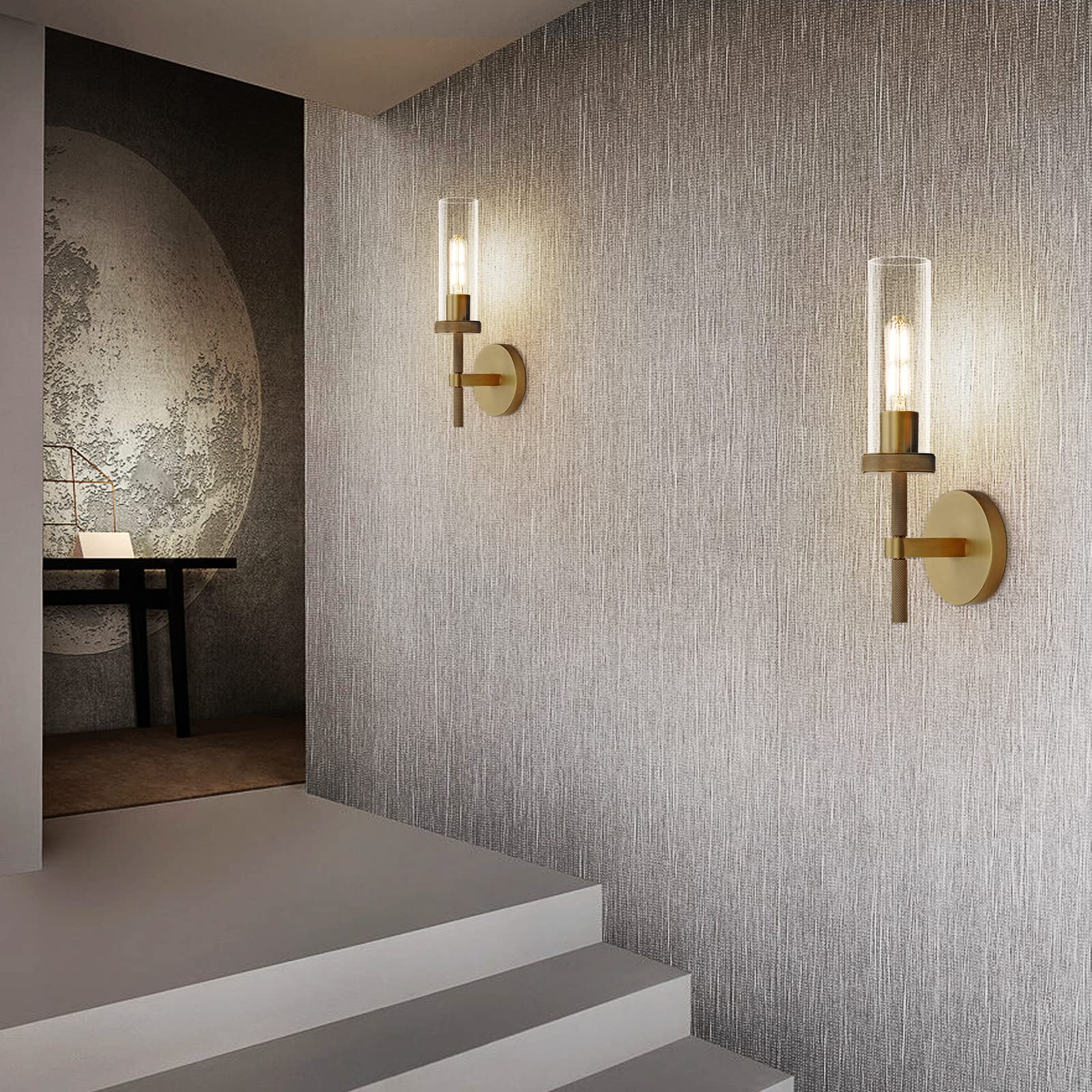 Knurled Brass Wall Sconces Indoors, Glass Tube Sconces Wall Lighting 14'', Gold Bathroom Vanity Wall Sconces, Wall Lights For Li