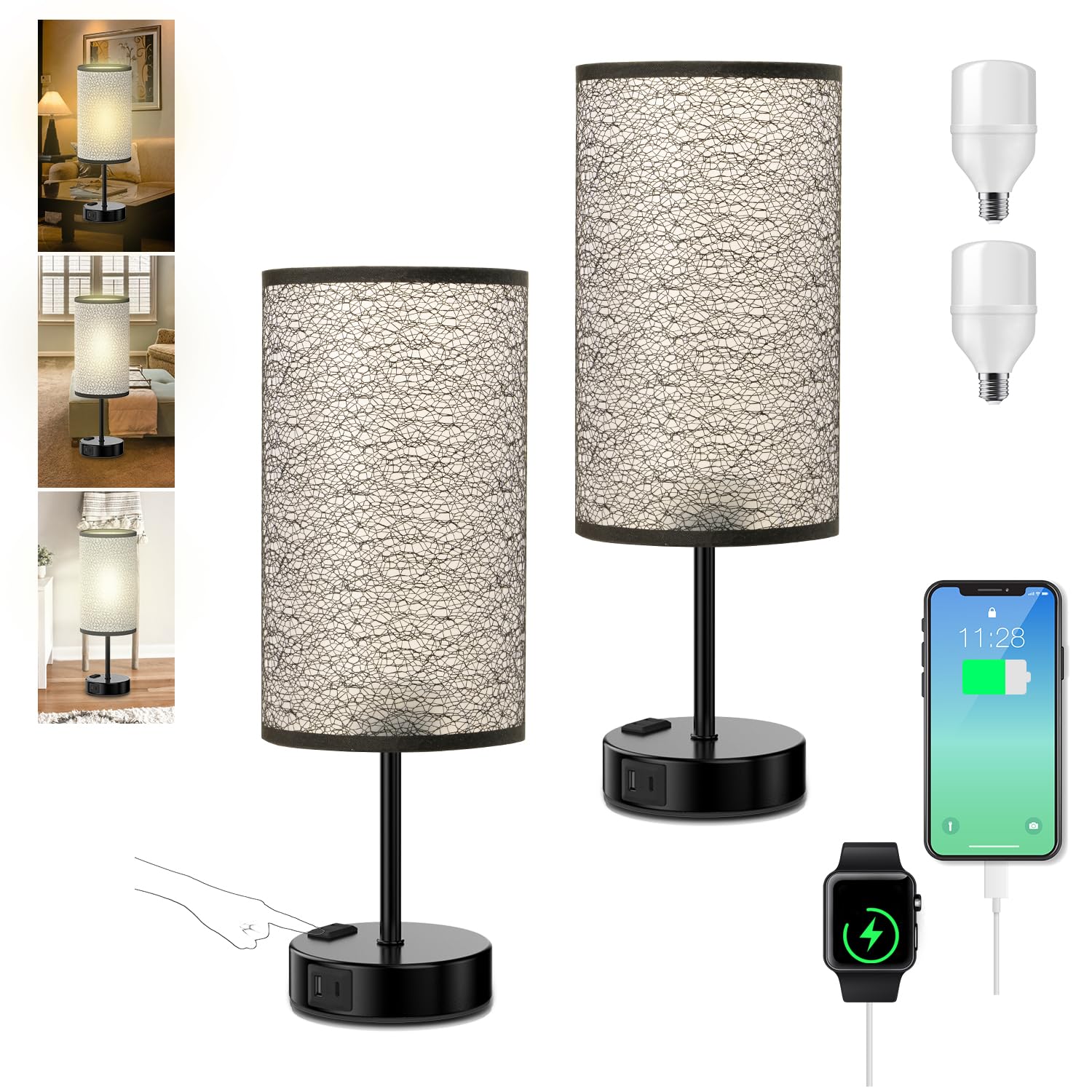 Table Lamp for Bedroom with Touch Control,Bedside Lamp with USB C+A Charging Ports& AC Outlets, Adjustable 3color LED Light for 