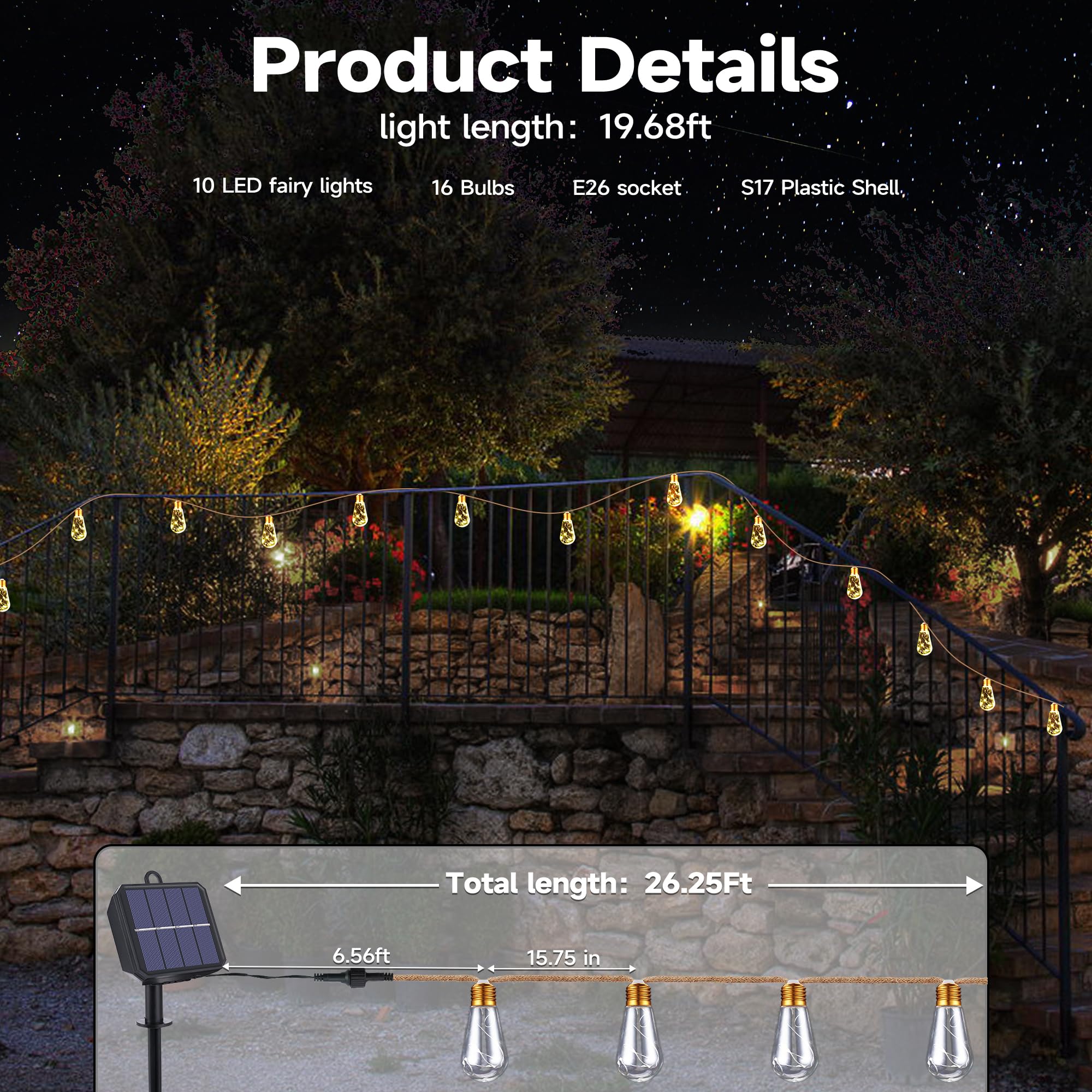 Solar Outdoor String Lights, 2 Pack 20Ft Vintage Rope Hemp Solar Patio Lights, Waterproof Warm White Solar Powered String Lights