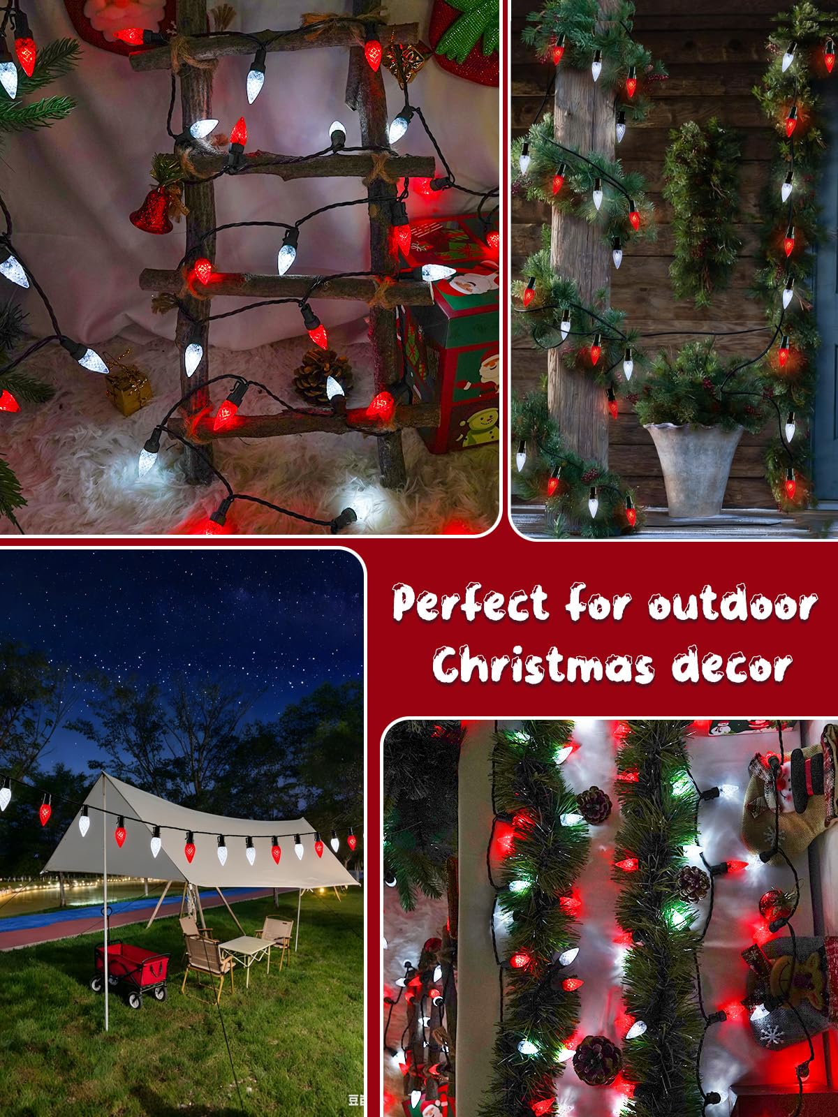 C6 Solar Christmas Lights Outdoor  50 Led 16Ft Christmas Decorations Outdoor Waterproof  Solar String Lights For Outside With 8 Modes  Fairy Twinkle Light For Tree Garden Xmas Decor (Red And White)