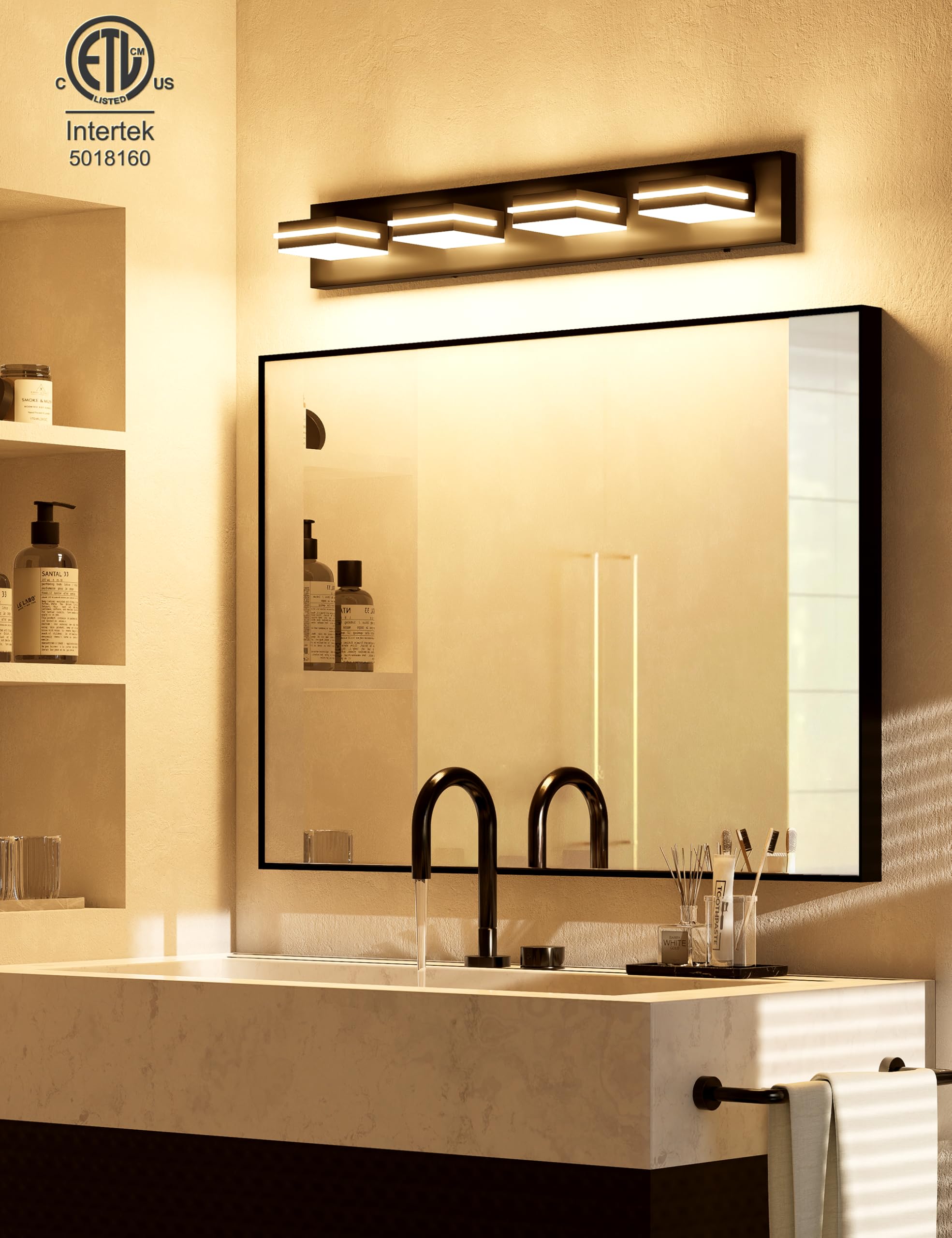 VOLISUN Bathroom Light Fixtures Over Mirror, Dimmable, 4-Light, 30 Inch, 5CCT, Black, Model 9553F, ETL Certified
