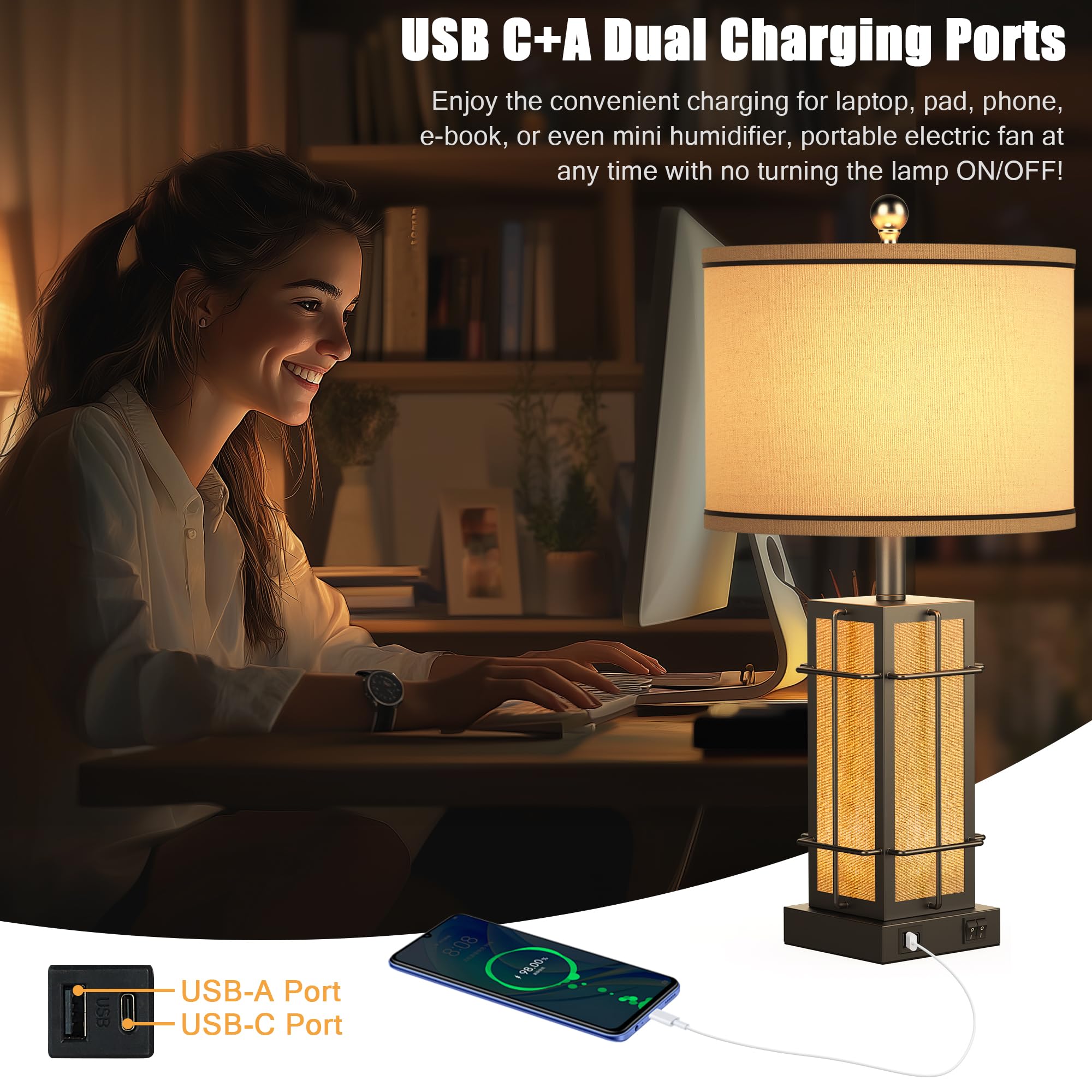Bzzmmb Black Table Lamps Set Of 2, 24'' Farmhouse Lamps For Living Room With Usb C+A Ports, Industrial Retro Lamps For Bedroom,