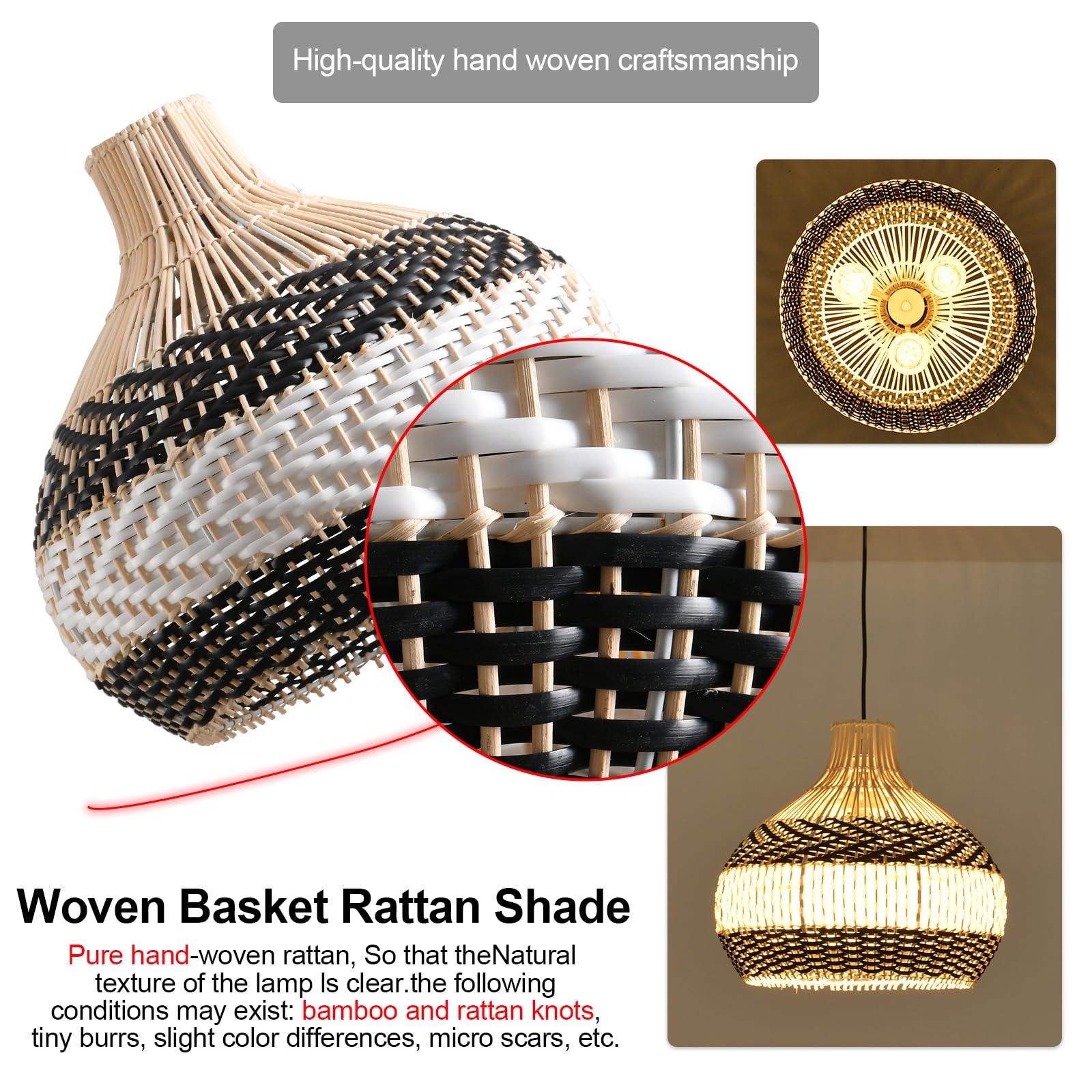Teru Ji Kaikang 3-Lightrattan Pendant Light,15" Hand-Woven Black White Faux Rattan Hanging Light Boho Basket Wicker Chandelier,For Living Room Bedroom Kitchen Dining Hallway