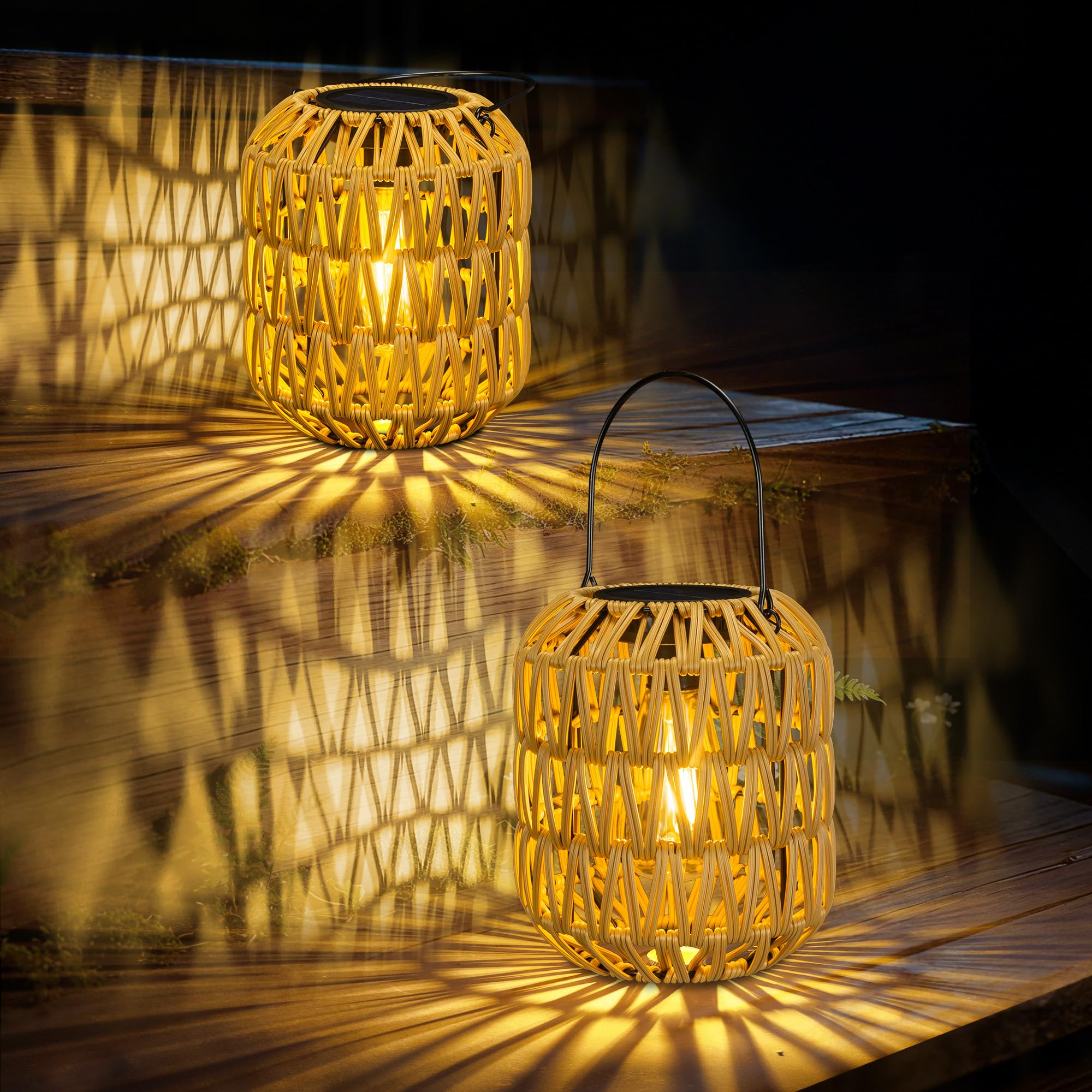 2 Pack Solar Lanterns Outdoor Waterproof,Rattan Solar Lantern for Yard,Outdoor Garden Lights,Hanging Lanterns Decorative Birthda