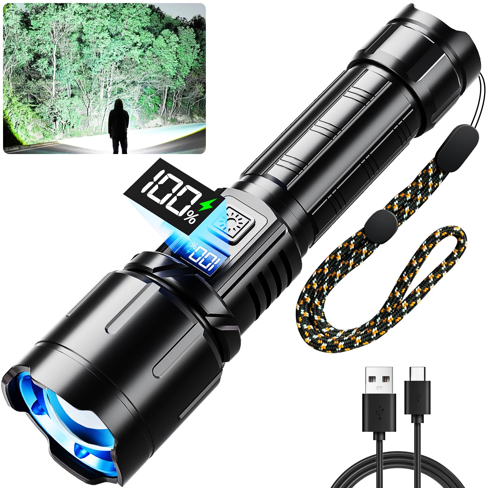 KNIBO Rechargeable Flashlight 3000 Lumens, LED Tactical Light, 6 Modes, Waterproof, Handheld, Black, Model M160