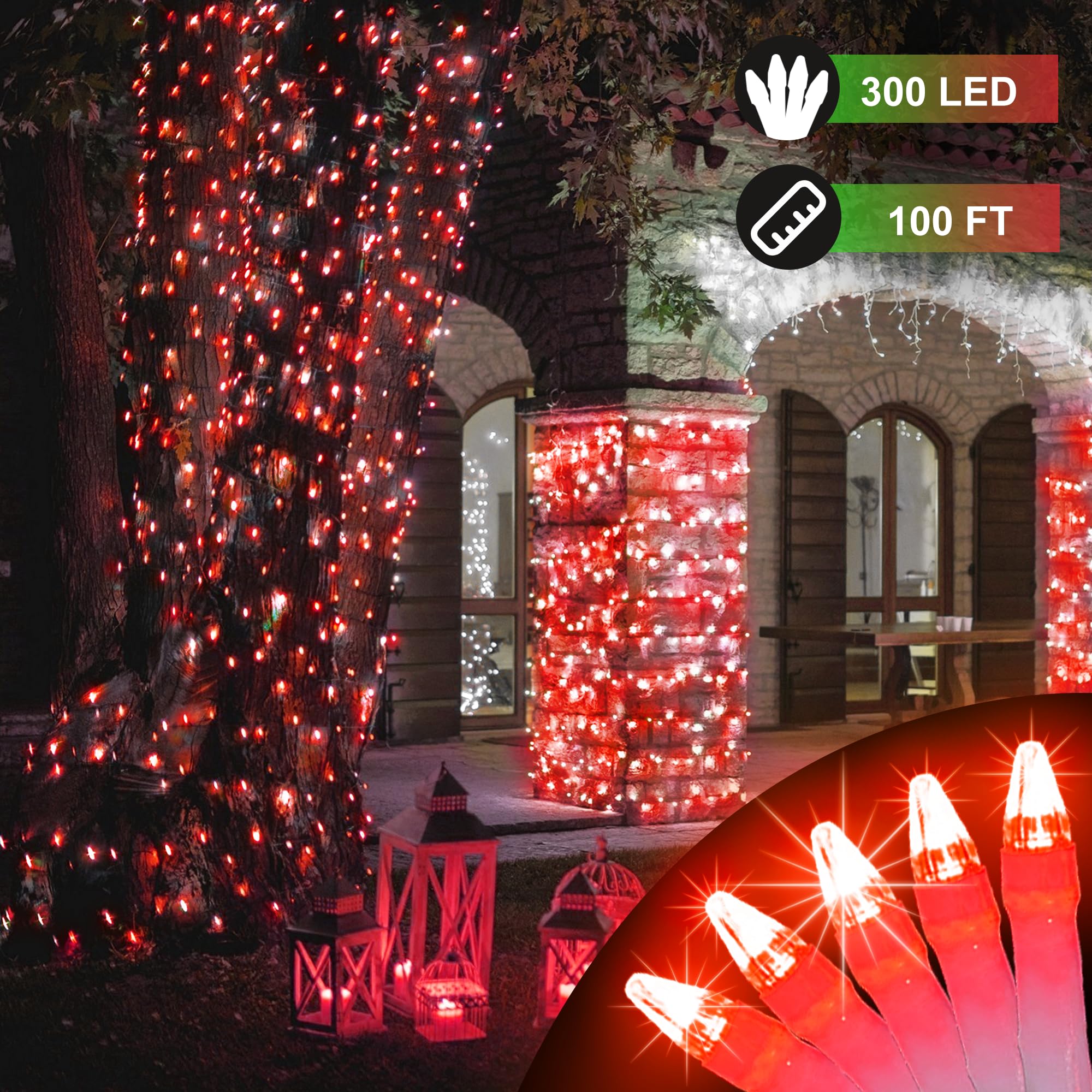HRANBOTY 300LED Christmas String Lights, 100FT Red LED Fairy Lights, 8 Modes, Indoor/Outdoor, Plastic, Model HS-300L