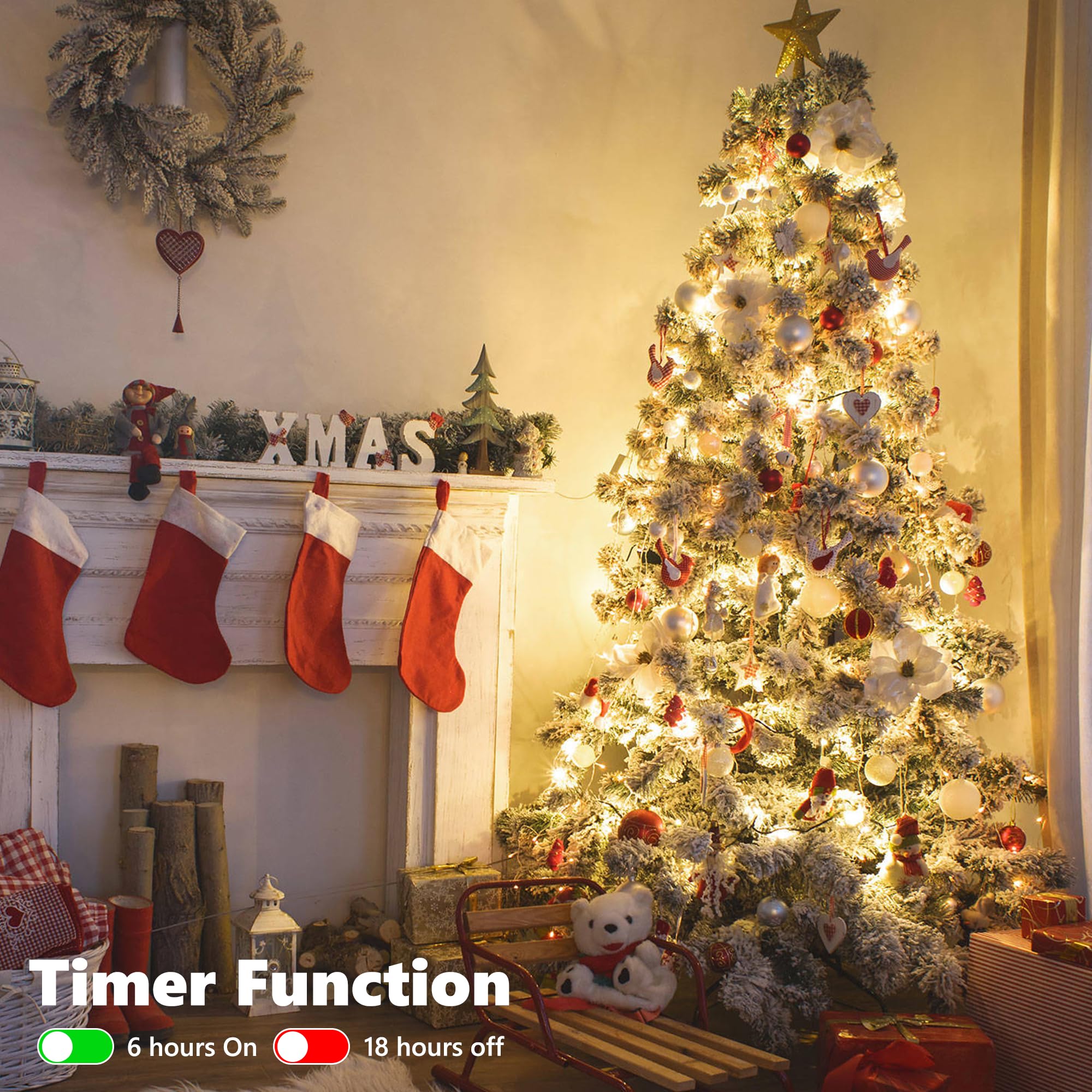 Lomotech Battery Operated Christmas Lights, 66ft, 200 LED, 8 Modes, Waterproof, Green Wire, Warm White, 4 Pack