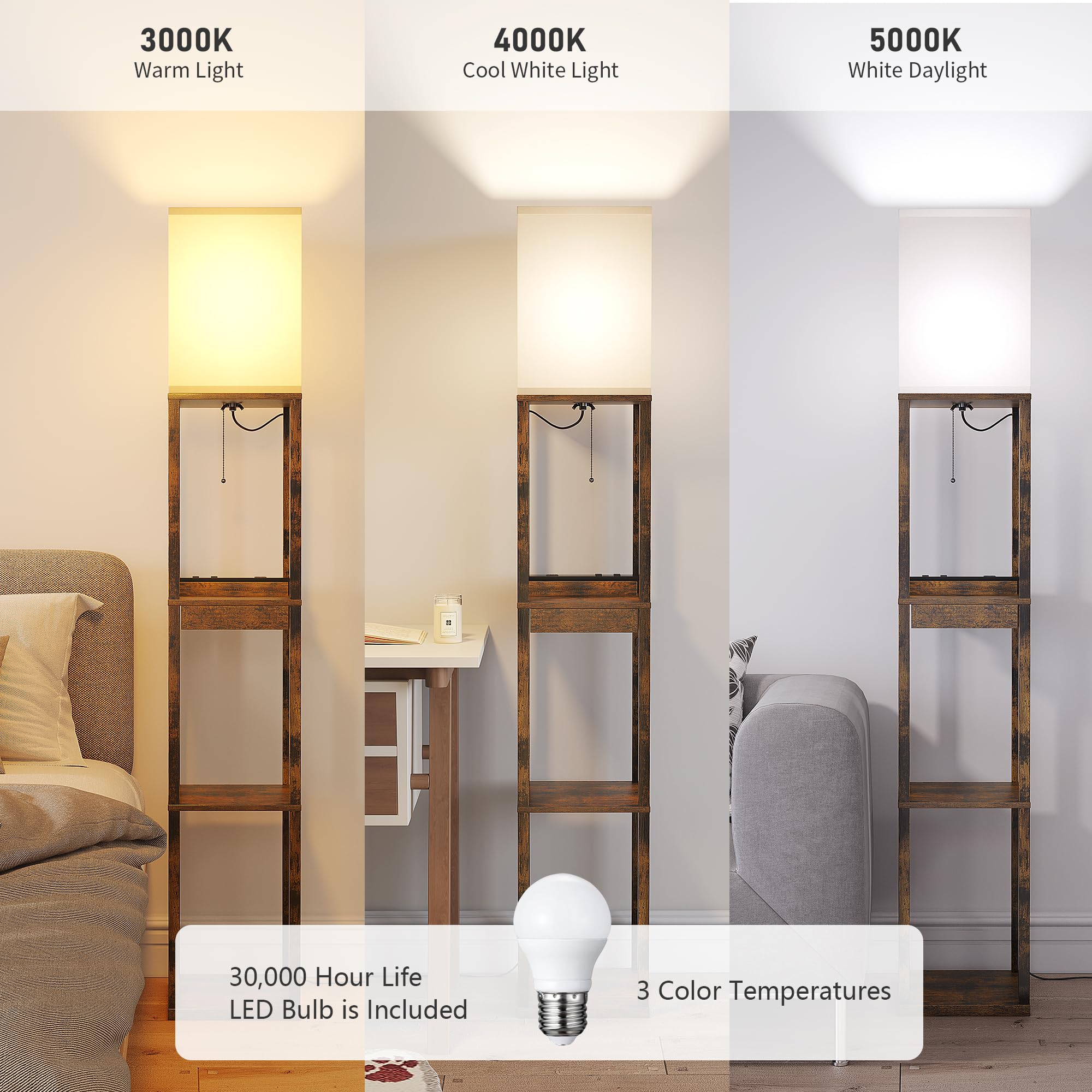 Sunmory Floor Lamp With Shelves, Modern Dimmable Standing Lamp With Drawer & 2 Usb Ports & 2 Power Outlet, Corner Tall Shelf Lam