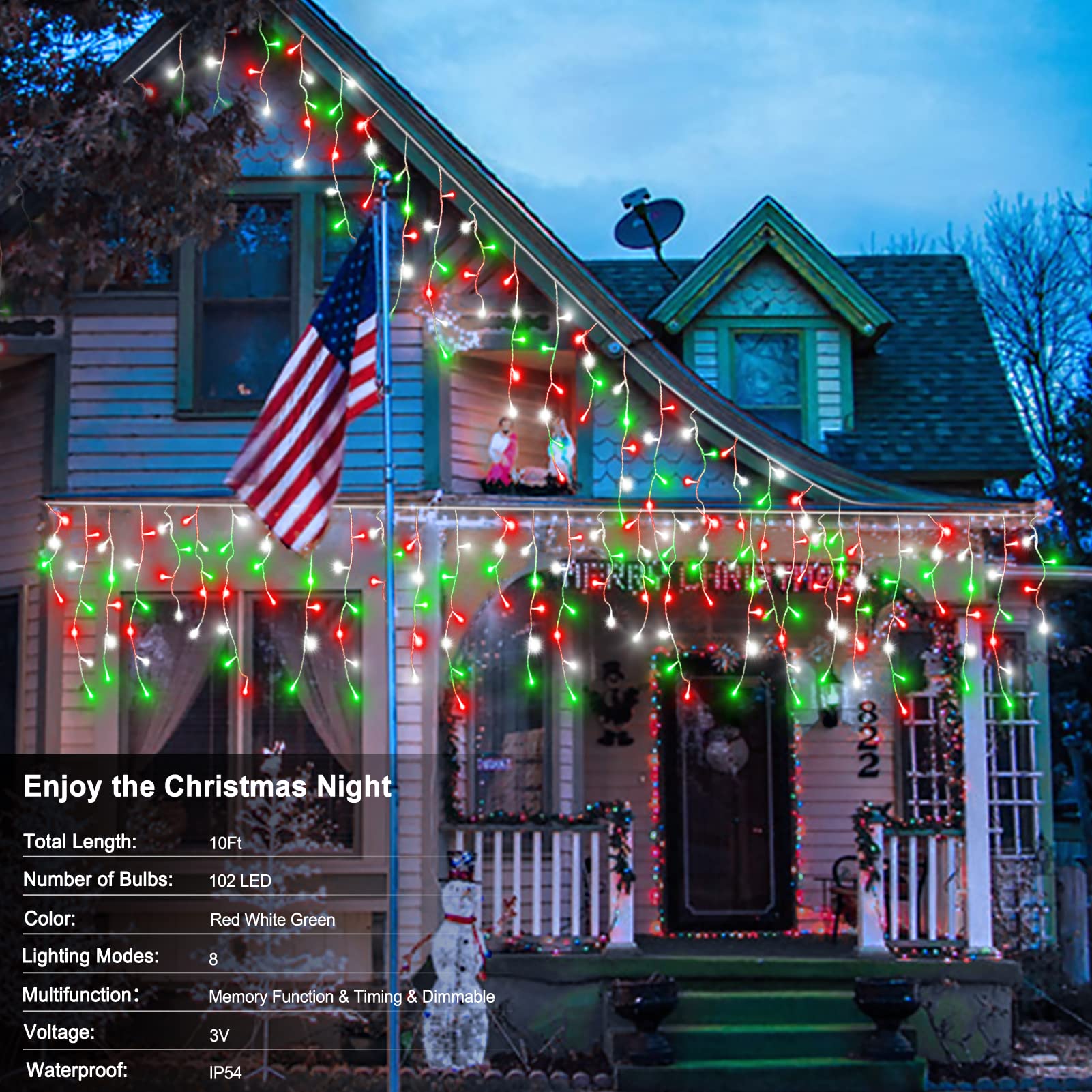 2 Pack Red White Green Christmas Icicle Lights Battery Operated, Total 204 Led Twinkle Icicle Lights 20Ft Clear Wire With 8 Ligh