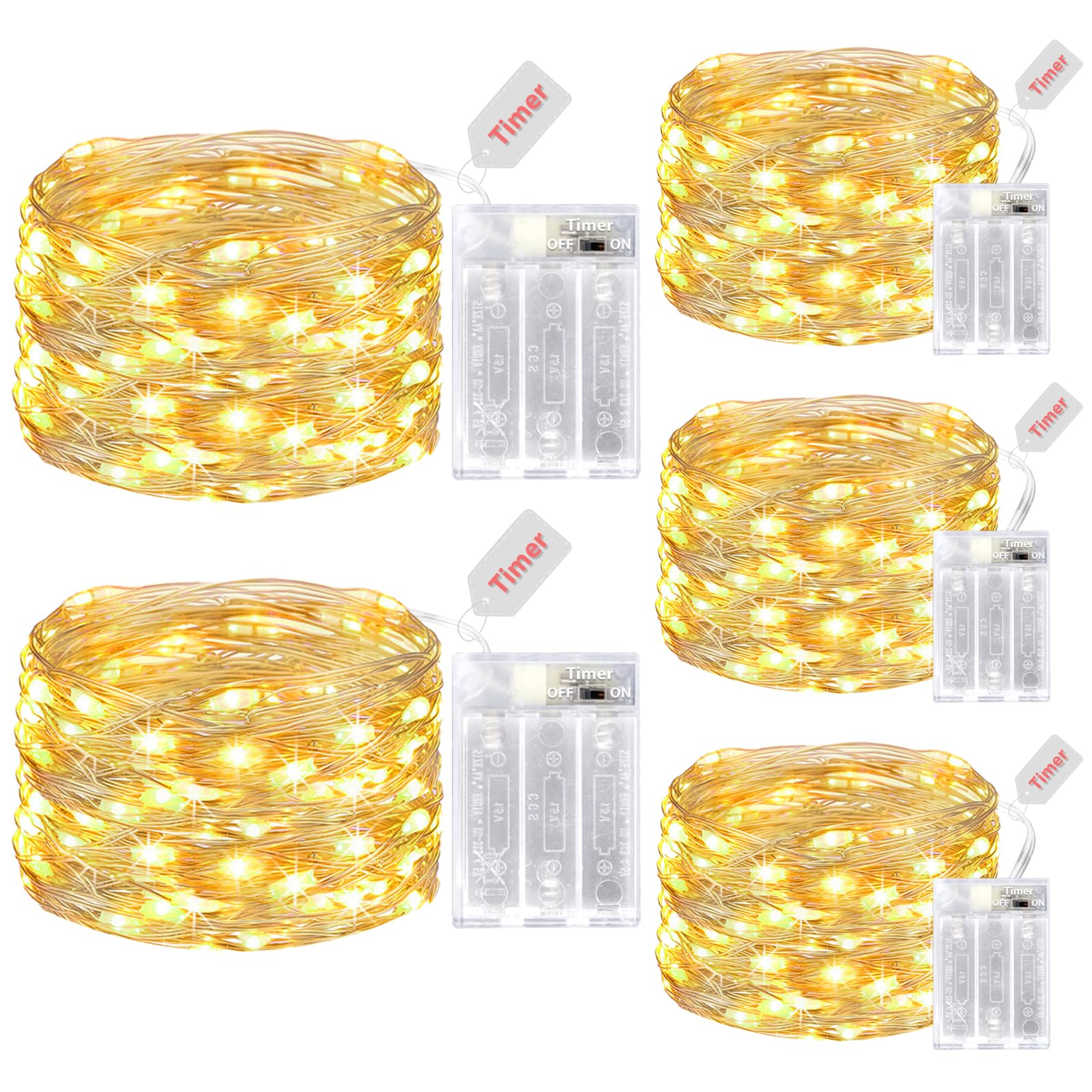 kolpop 5 Pack Fairy Lights Battery Operated with Timer, 50 LED Mini String Light Battery Powered, Warm White Tiny Christmas Lights for Indoor Christmas Wedding Bedroom Decorations