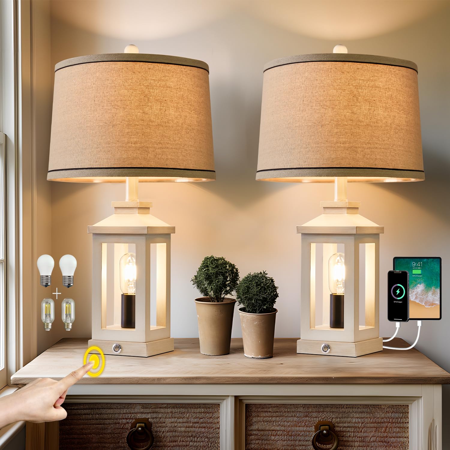 G-SAFAVA 23.75'' Retro Farmhouse USB C+A Ports Table Lamp Set of 2 with 3 Way Dimmable Touch Control White Nightlight Vintage Mo