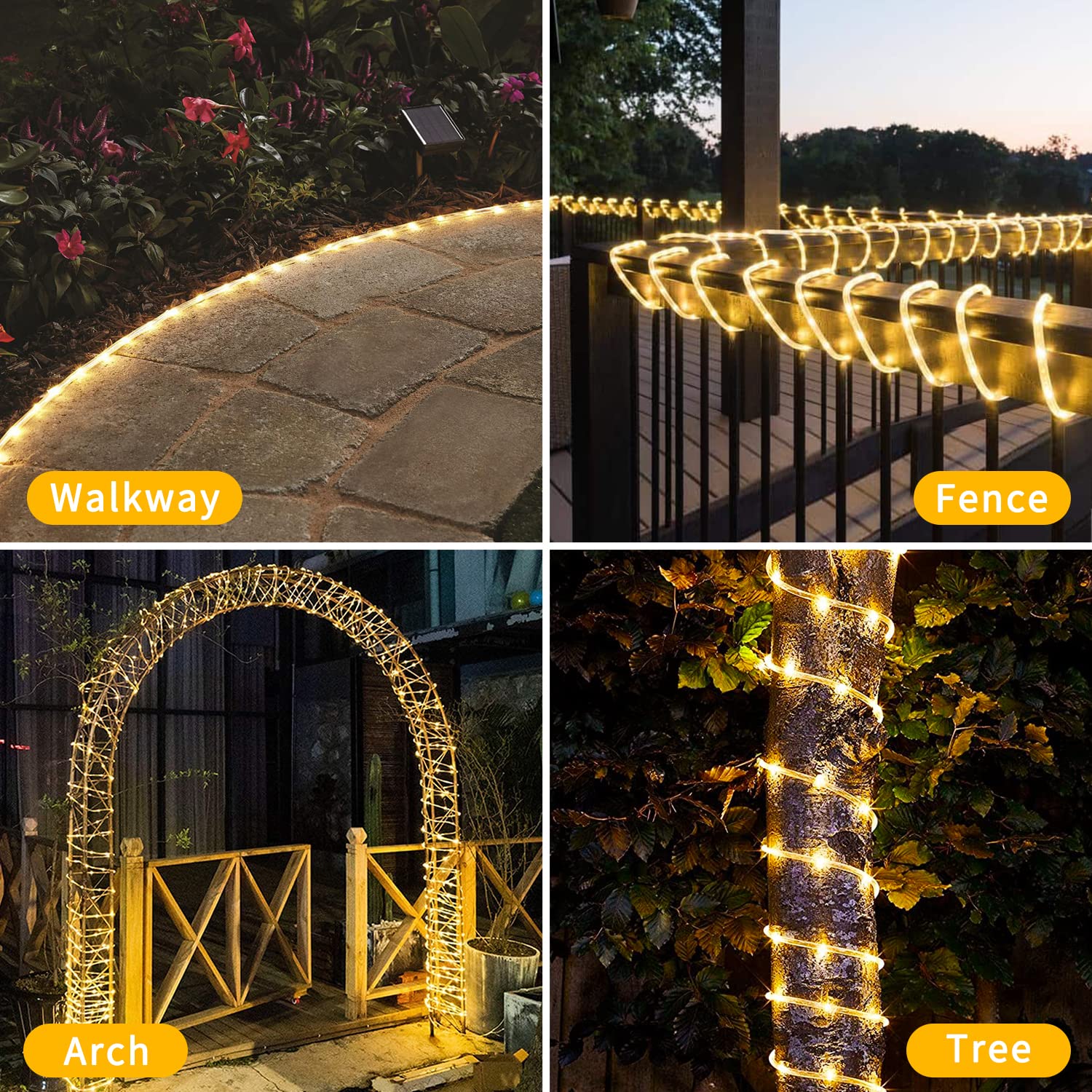 POTIVE Solar Rope Lights, 66Ft, 200 LED, Warm White, Waterproof, 8 Modes for Outdoor Decor