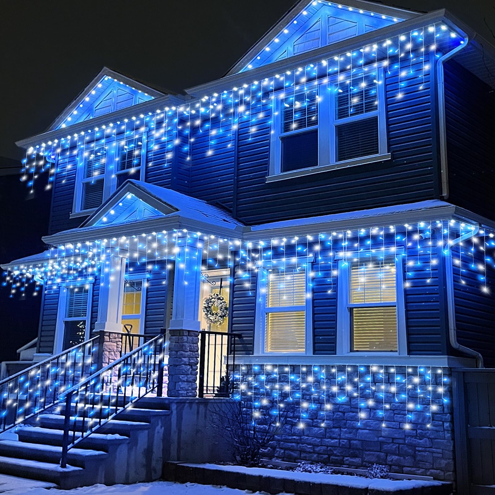 99Ft Blue And White Christmas Lights  1216 Led Icicle Lights For Outside House Clear Wire Twinkle Light With 8 Modes Timer Waterproof For Window Party Tree Holiday Patio Yard Home Decor