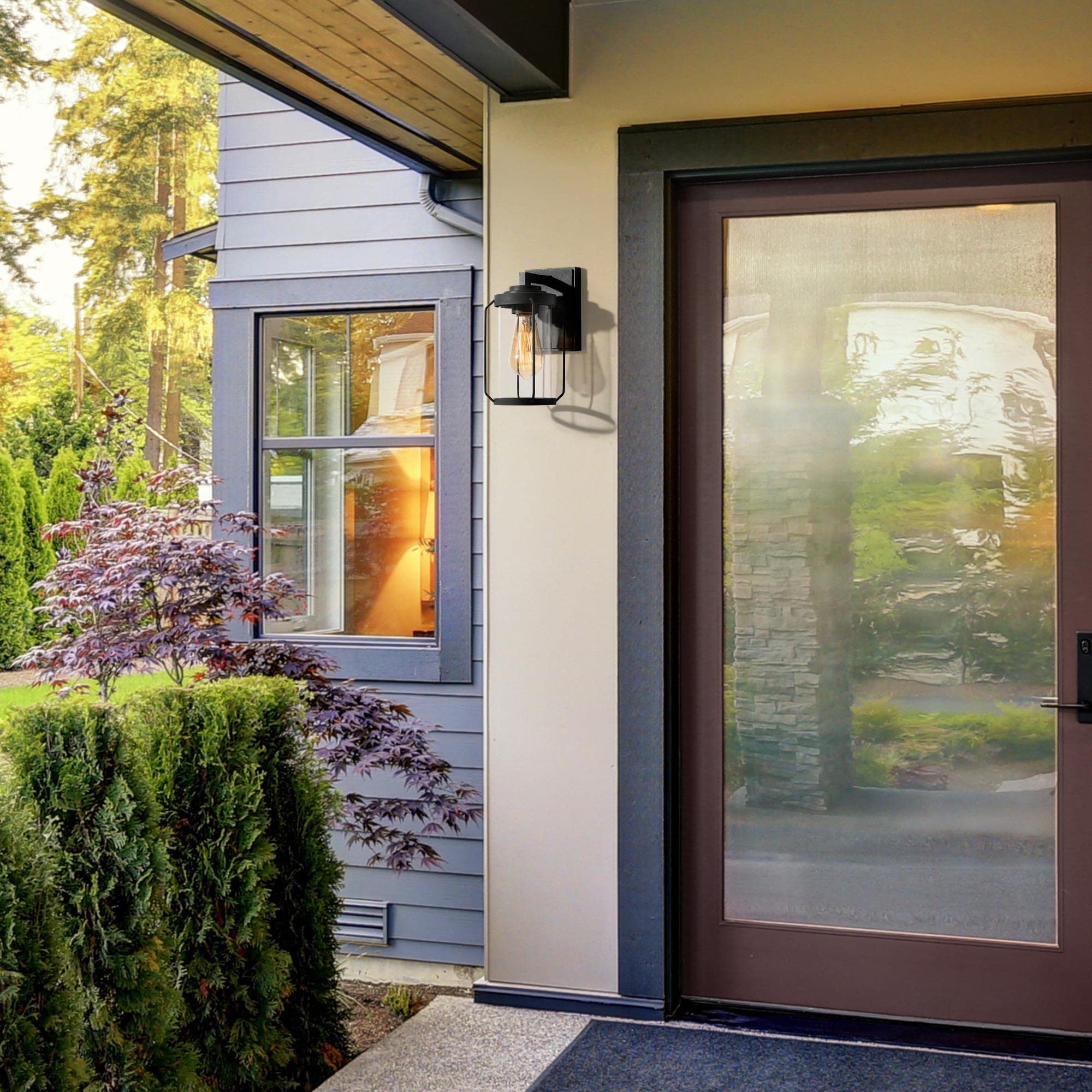 Classy Leaves Outdoor Light Fixture - Black Waterproof Farmhouse Porch Light With Clear Glass