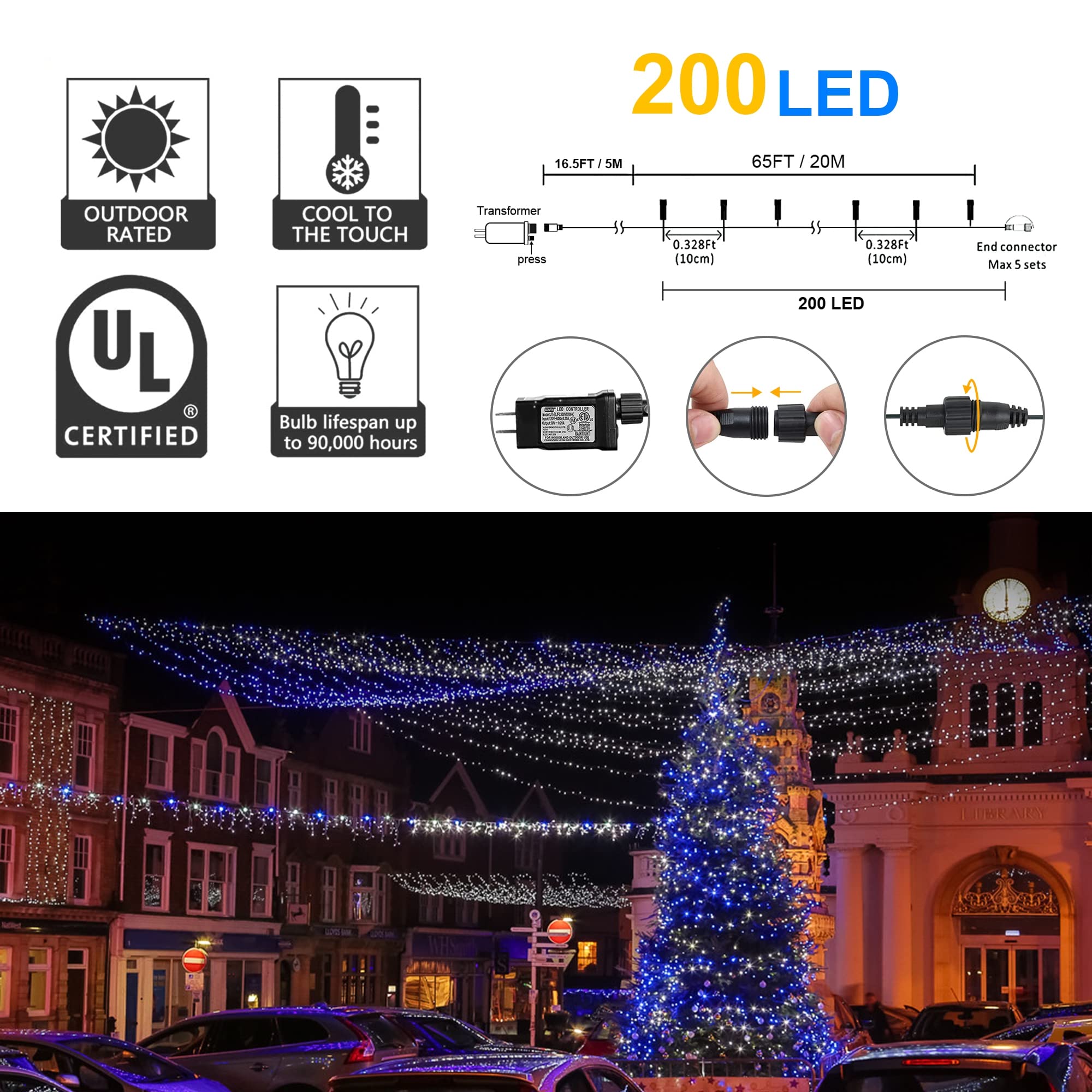 Weillsnow Outdoor Christmas Decoration,66 Ft 200 Led String Lights With Timer Memory Function,Plug In Waterproof Fairy Lights For Indoor Outdoor Home Room Garden Christmas Party Decor(Blue&White)