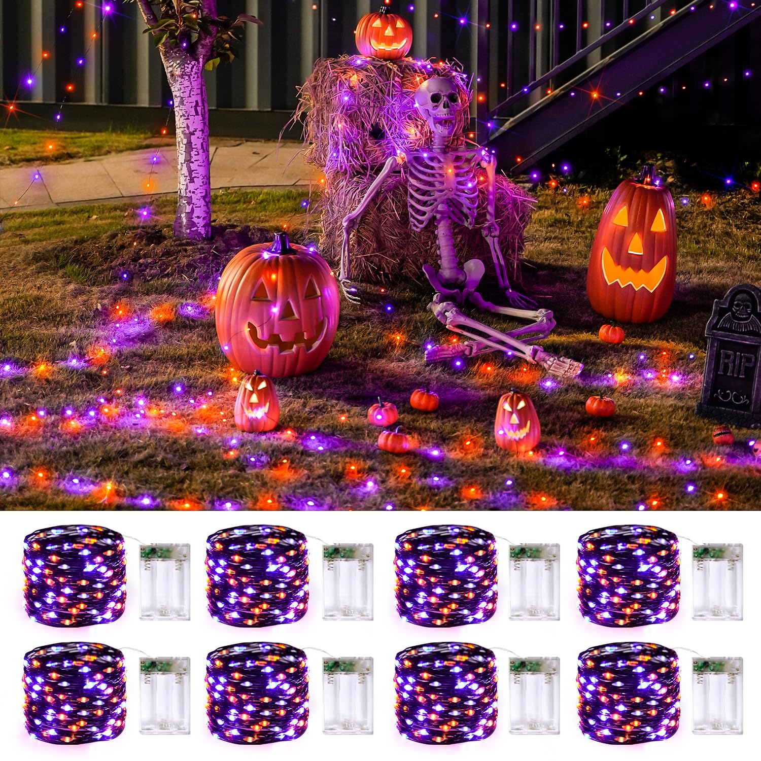 JMEXSUSS 8 Pack 50 LED Fairy Lights, Battery Operated Twinkle Lights, 16.1ft, Copper Wire, Orange & Purple