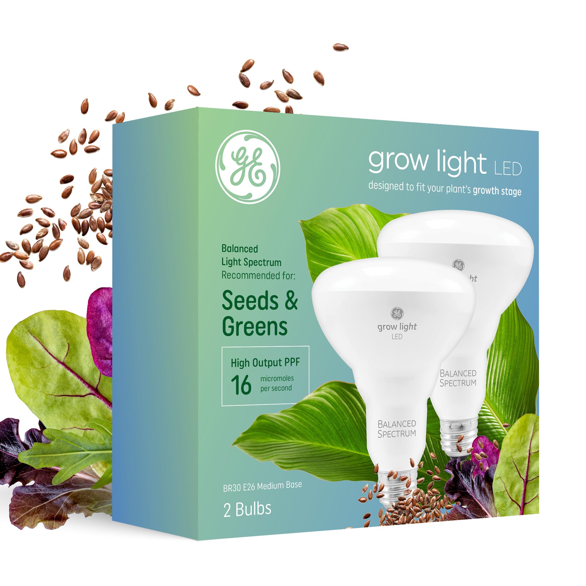 GE Grow Lights for Indoor Plants  BR30 Indoor Floodlight  LED Light Bulbs for Seeds and Greens with Balanced Spectrum  25 000 Hours Lifespan  16 PPF  2 Pack (Packaging May Vary)