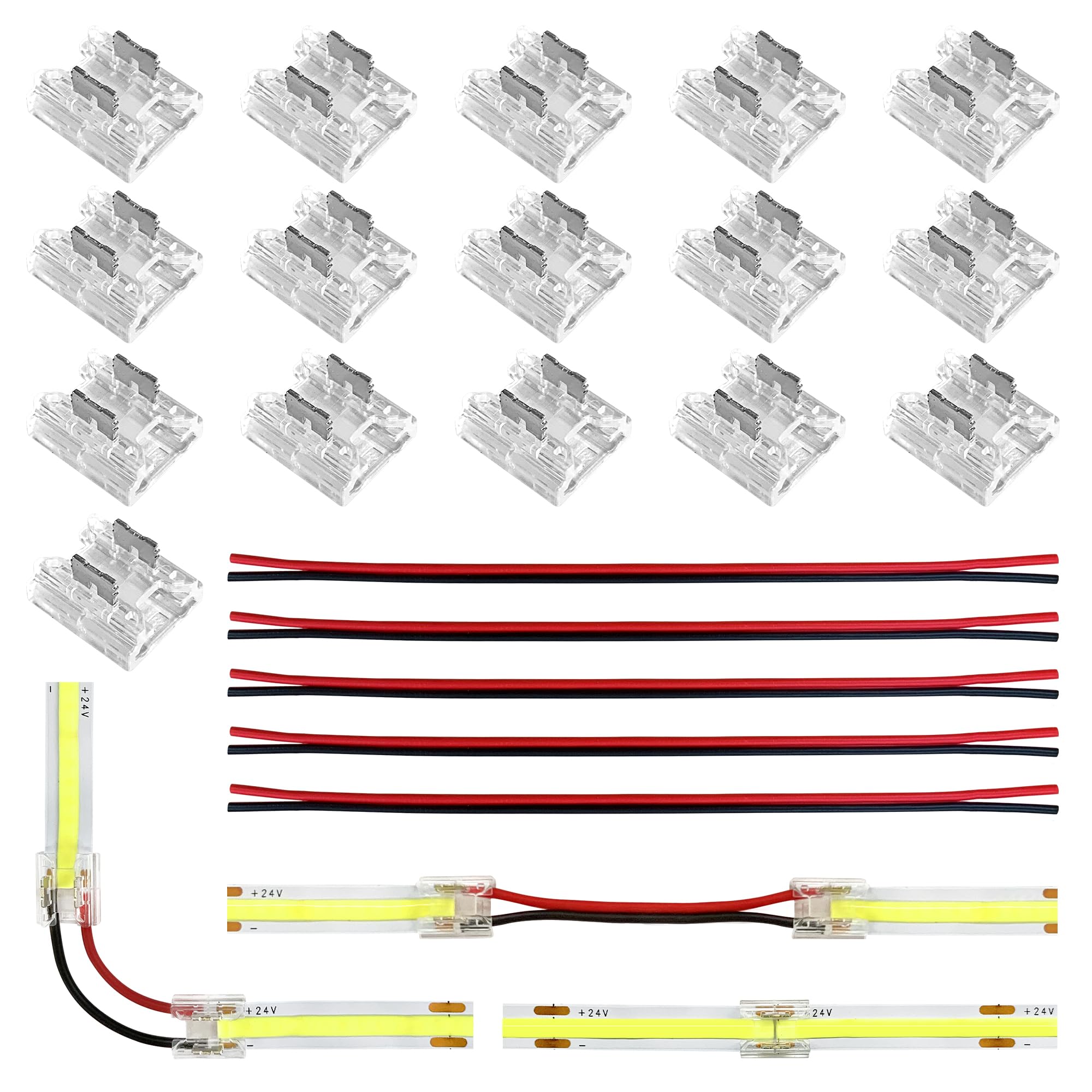 JACKYLED 8mm 2Pin FCOB COB LED Light Strip Connectors Kit, 16pcs Transparent Connectors & 5pcs 15cm Long 22AWG Extension Wires f